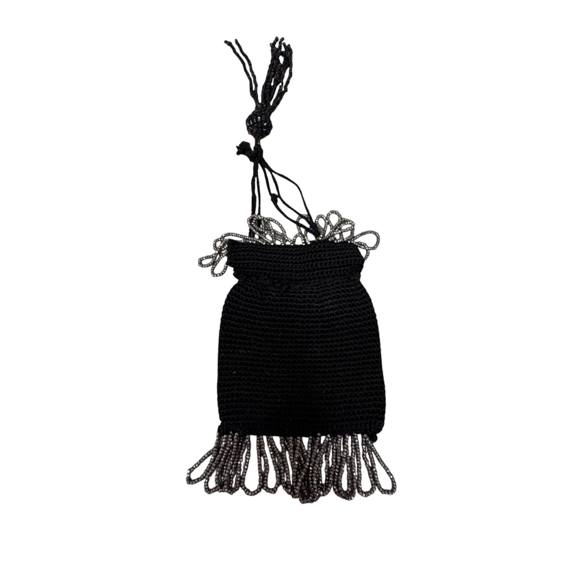 Vintage Black Crochet Drawstring Pouch Seed Bead Beaded Fringe 3x4 Coin Pouch