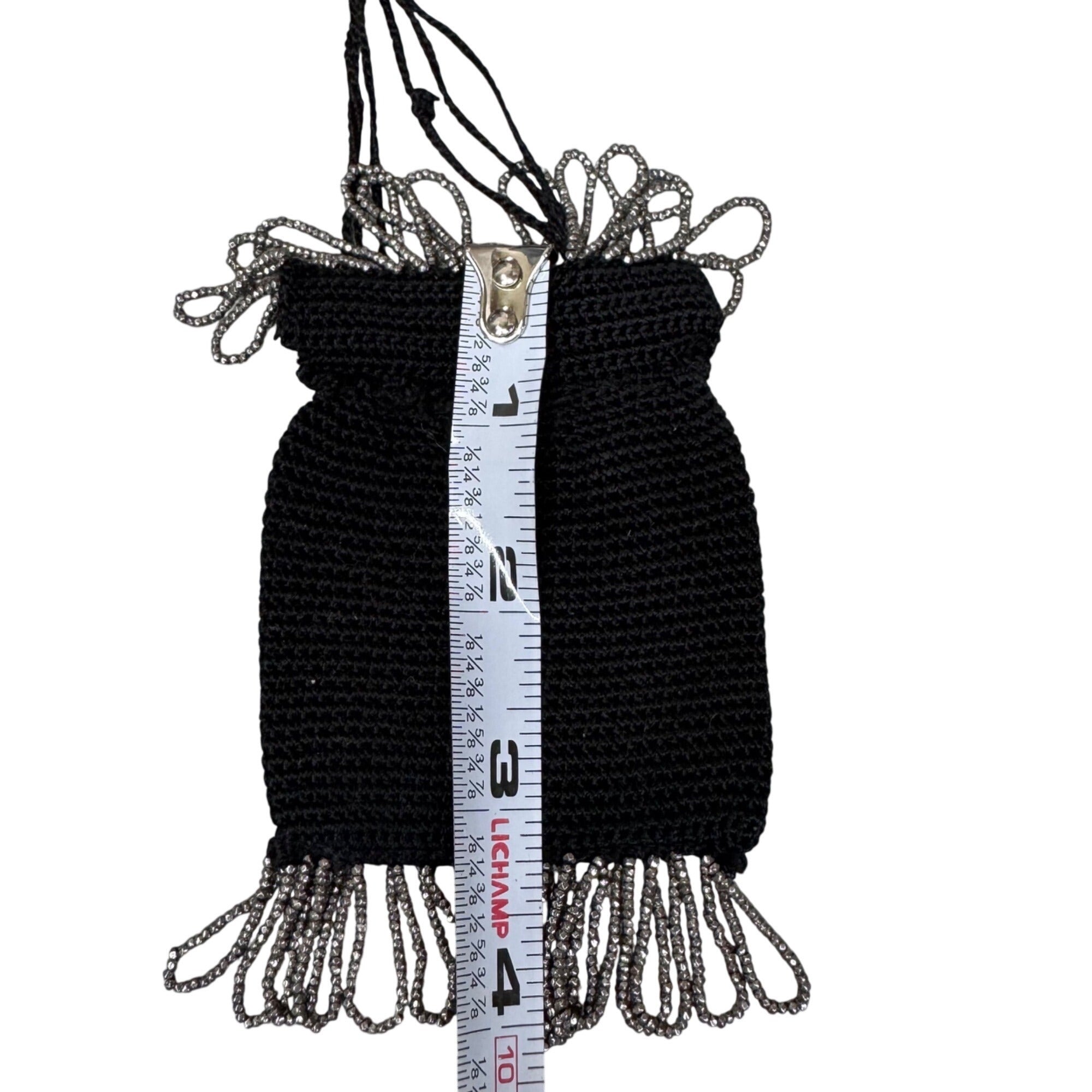 Vintage Black Crochet Drawstring Pouch Seed Bead Beaded Fringe 3x4 Coin Pouch