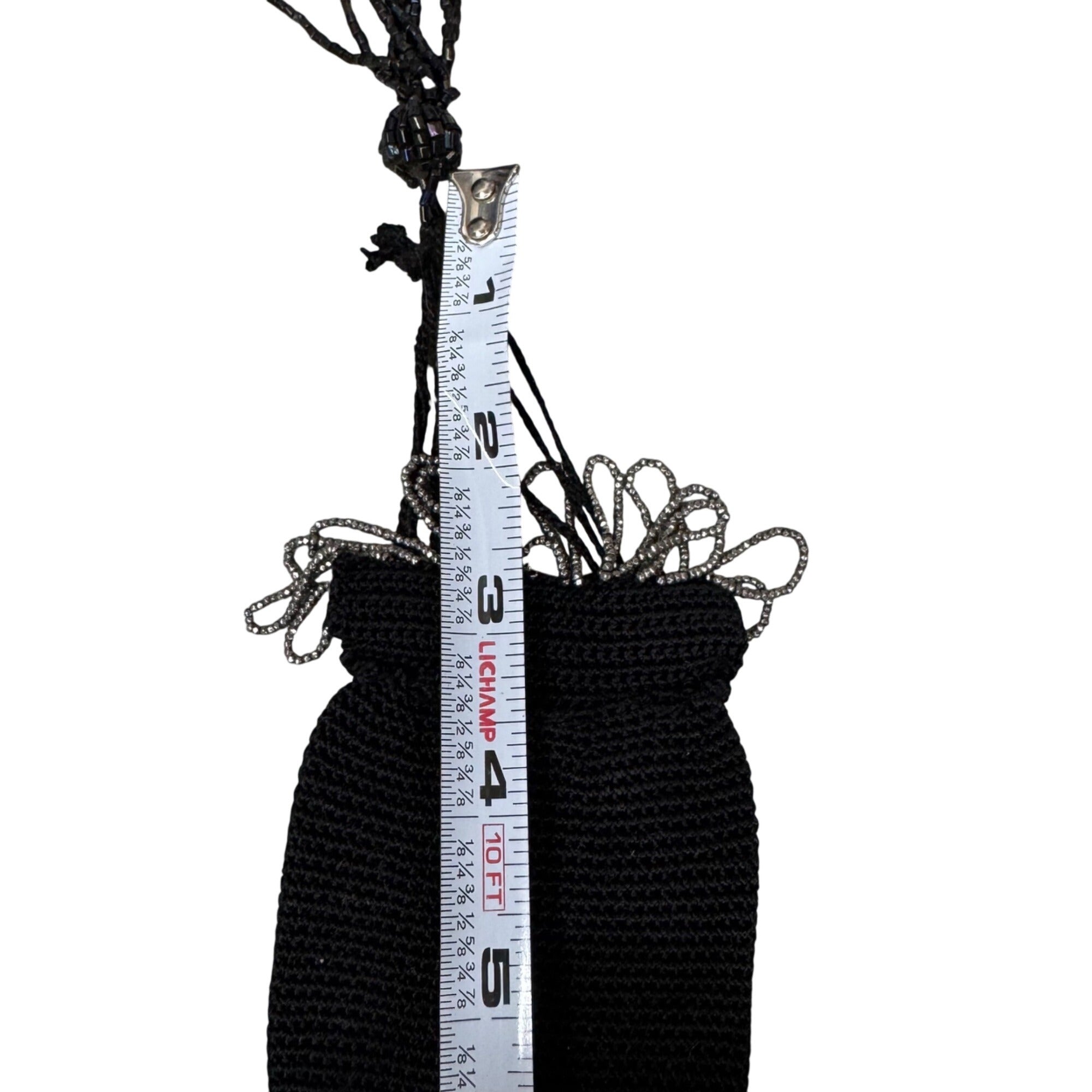 Vintage Black Crochet Drawstring Pouch Seed Bead Beaded Fringe 3x4 Coin Pouch