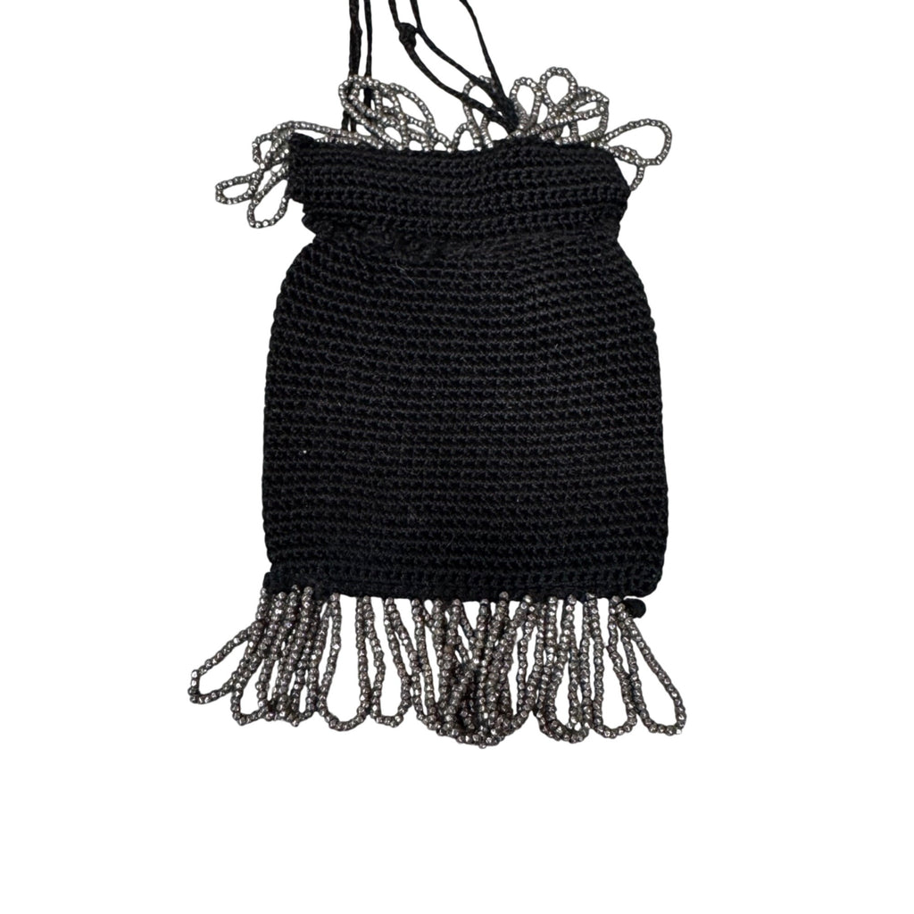 Vintage Black Crochet Drawstring Pouch Seed Bead Beaded Fringe 3x4 Coin Pouch