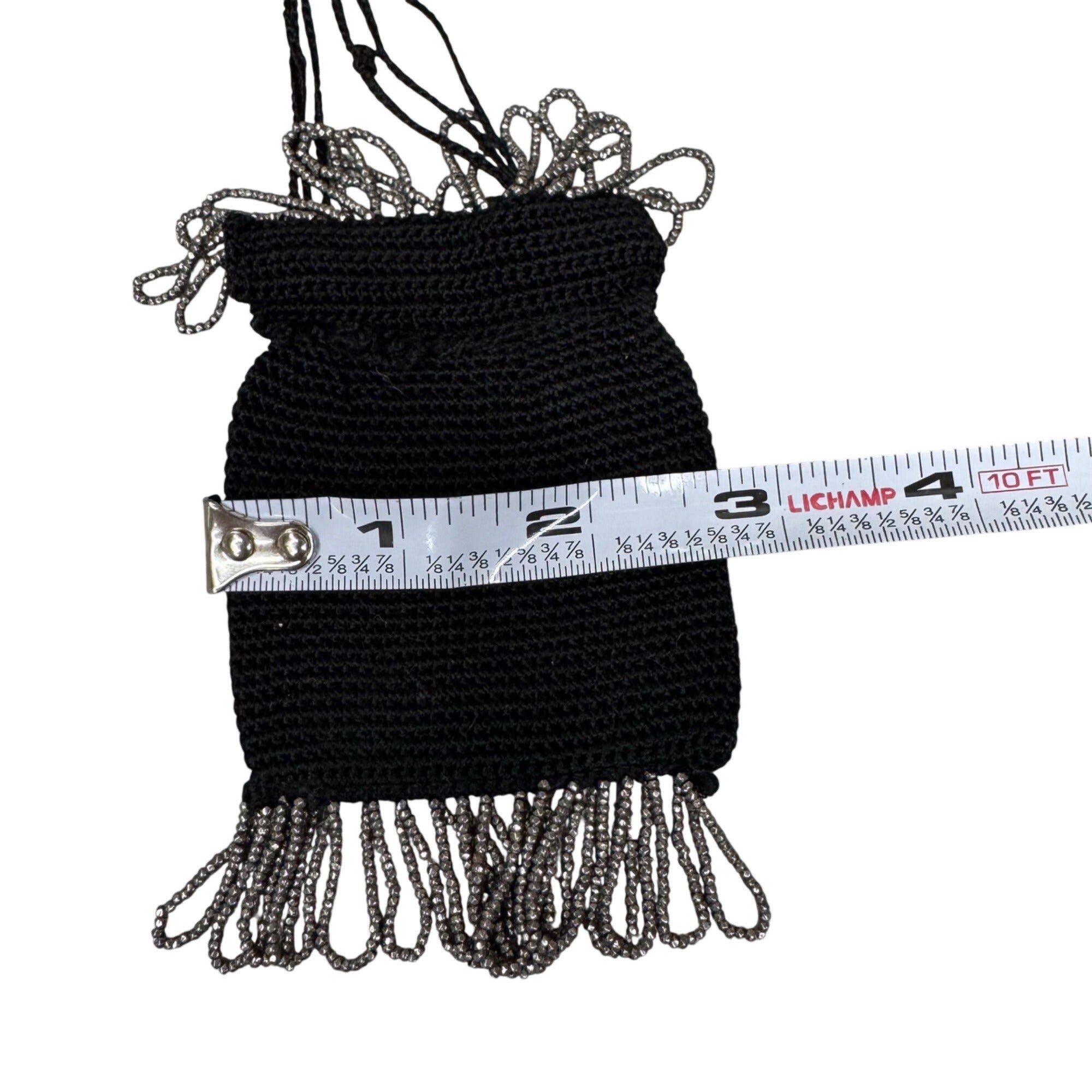 Vintage Black Crochet Drawstring Pouch Seed Bead Beaded Fringe 3x4 Coin Pouch