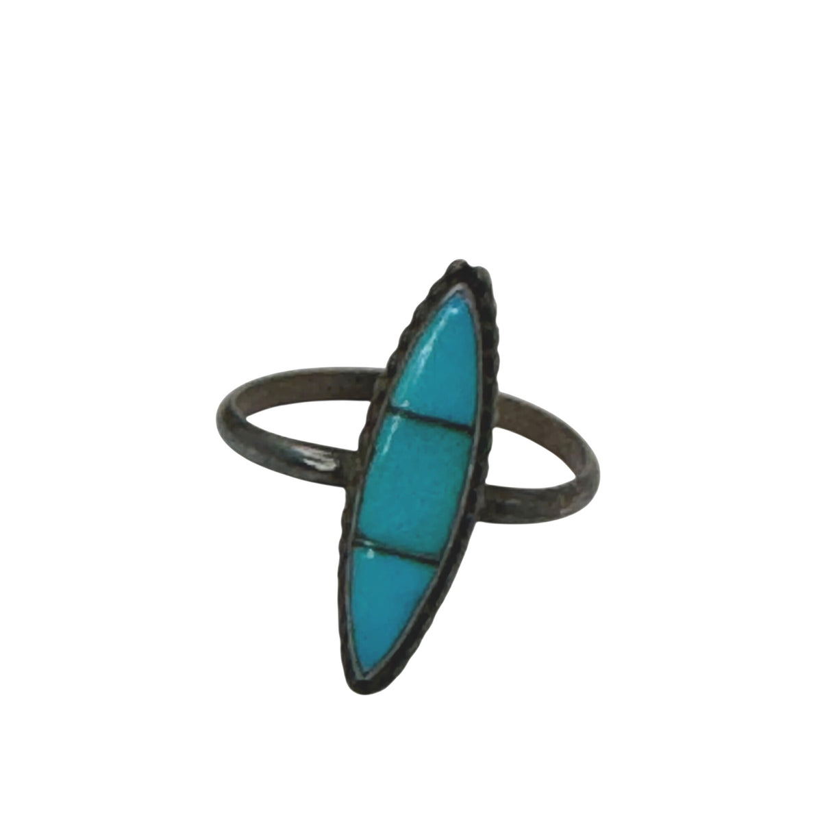 Turquoise Ring Inlay Vintage Sterling Silver Marquise Shape Size 6 Boho Chic