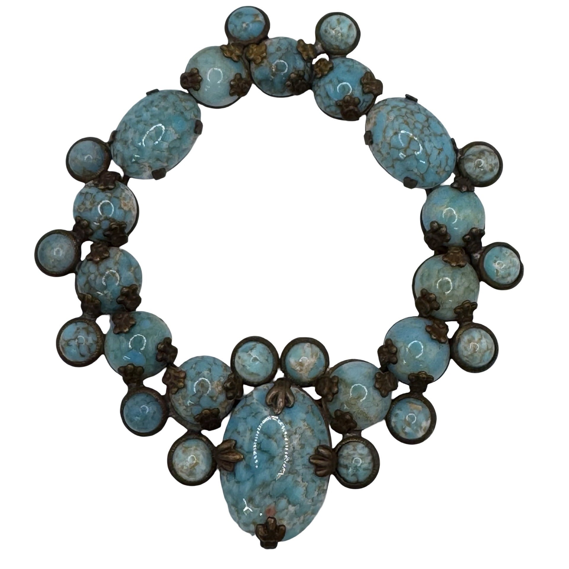 Vintage Large Czech Glass Turquoise Blue 3.5" Pendant Scarf Clip Brooch READ
