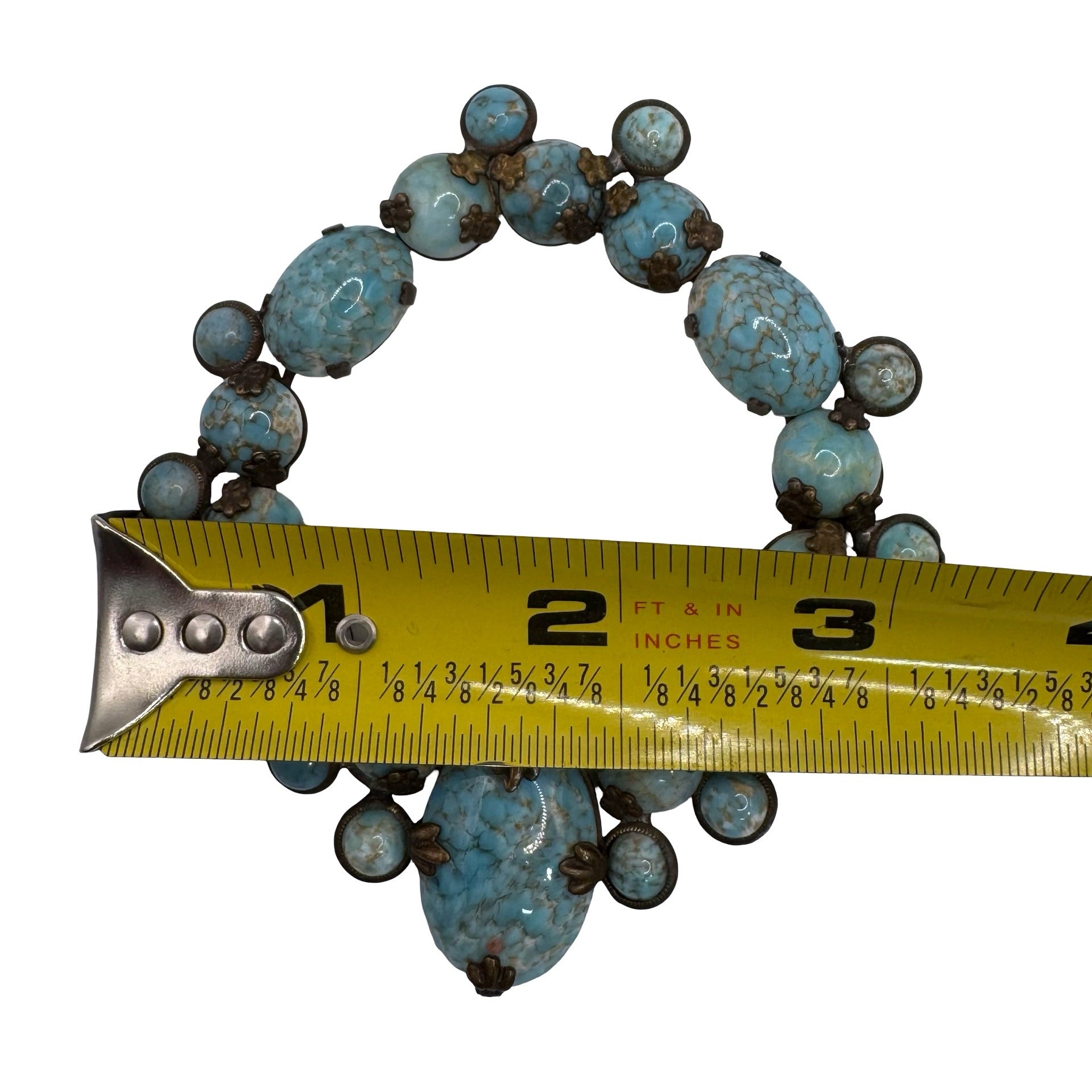 Vintage Large Czech Glass Turquoise Blue 3.5" Pendant Scarf Clip Brooch READ