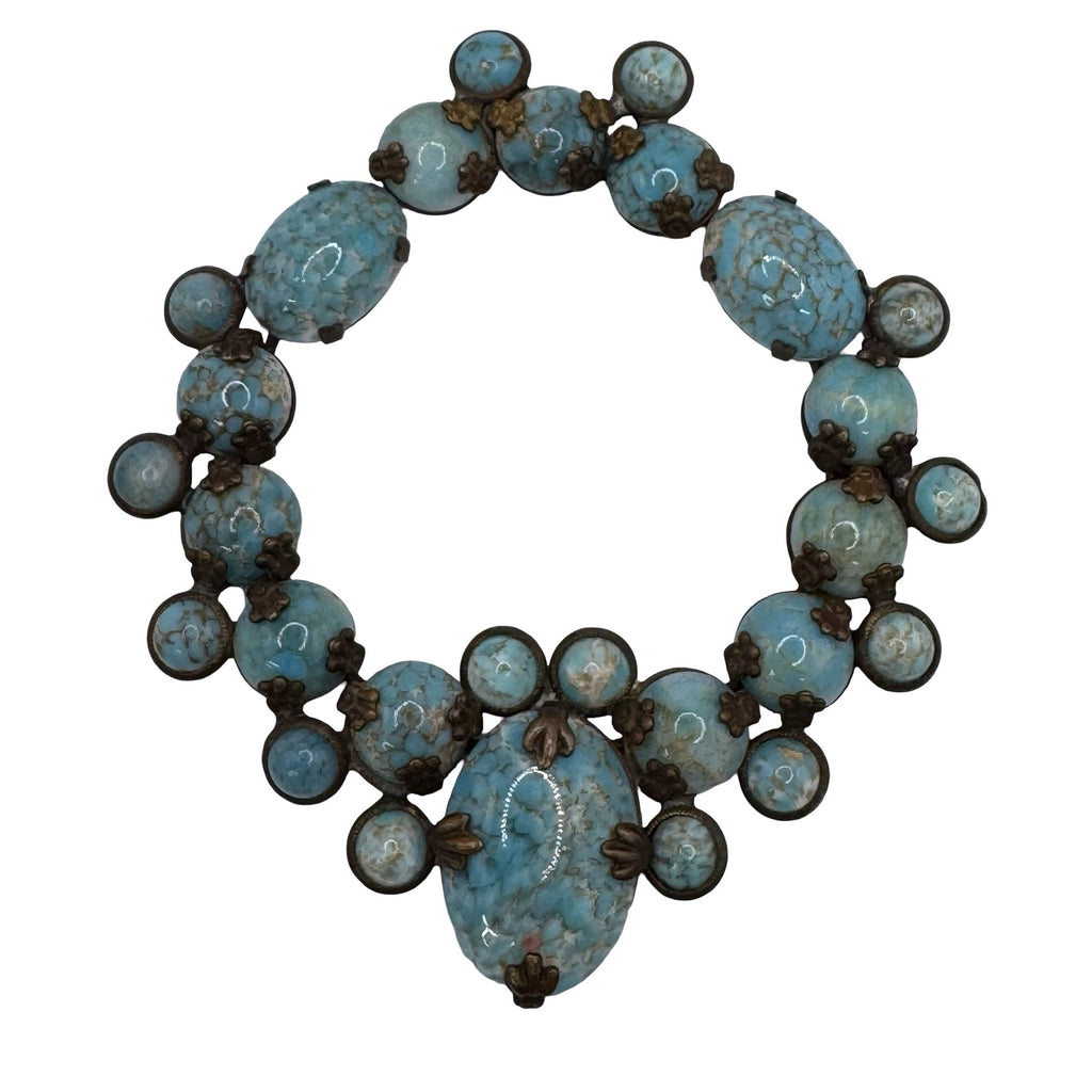 Vintage Large Czech Glass Turquoise Blue 3.5" Pendant Scarf Clip Brooch READ