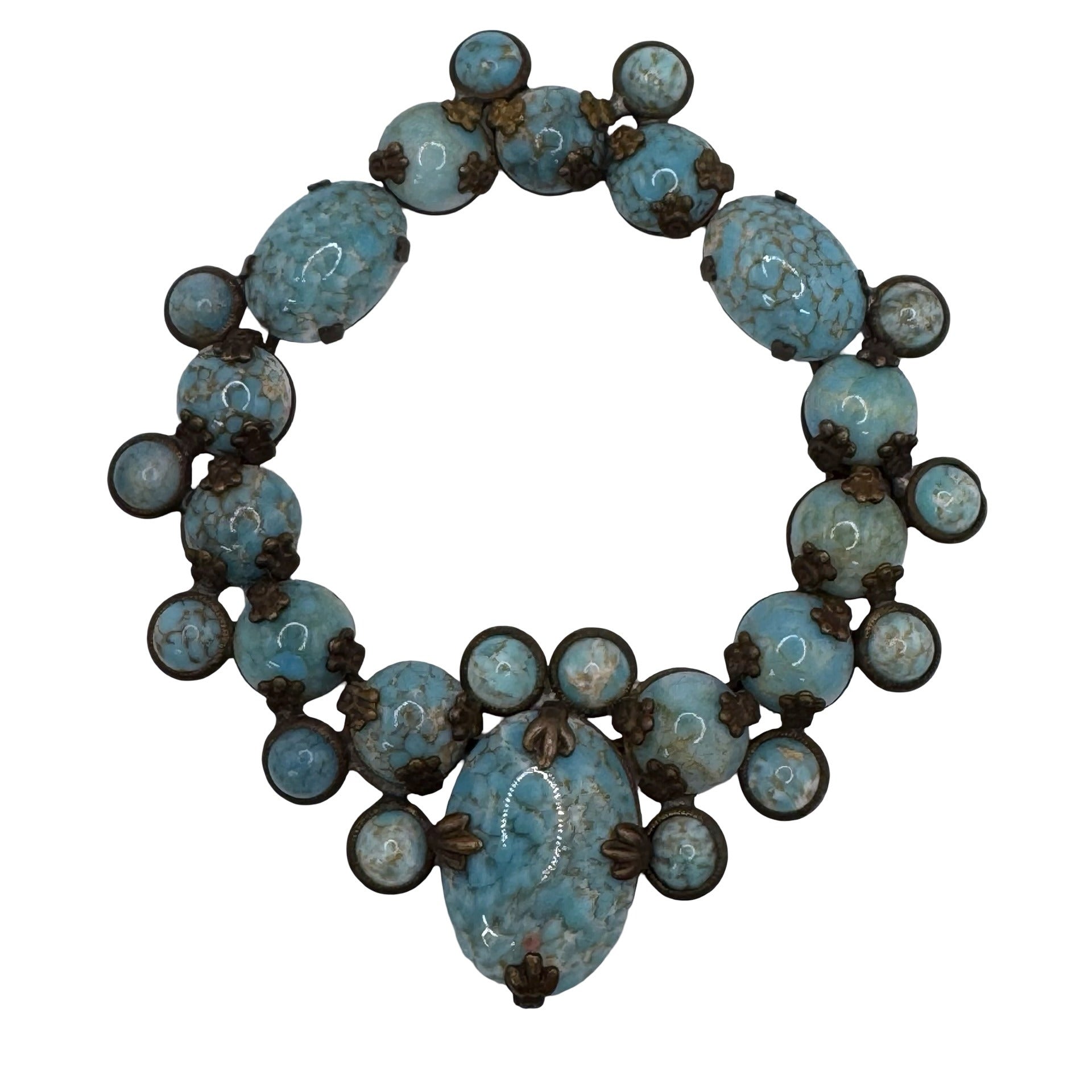Vintage Large Czech Glass Turquoise Blue 3.5" Pendant Scarf Clip Brooch READ
