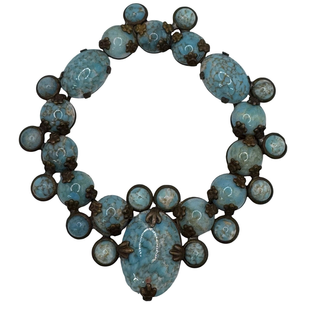Vintage Large Czech Glass Turquoise Blue 3.5" Pendant Scarf Clip Brooch READ