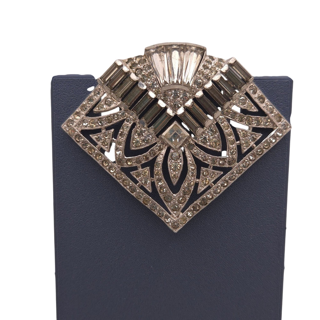 Art Deco Vtg Rhinestone Brooch Dress Clip Geometric Design Silver Tone Baguette