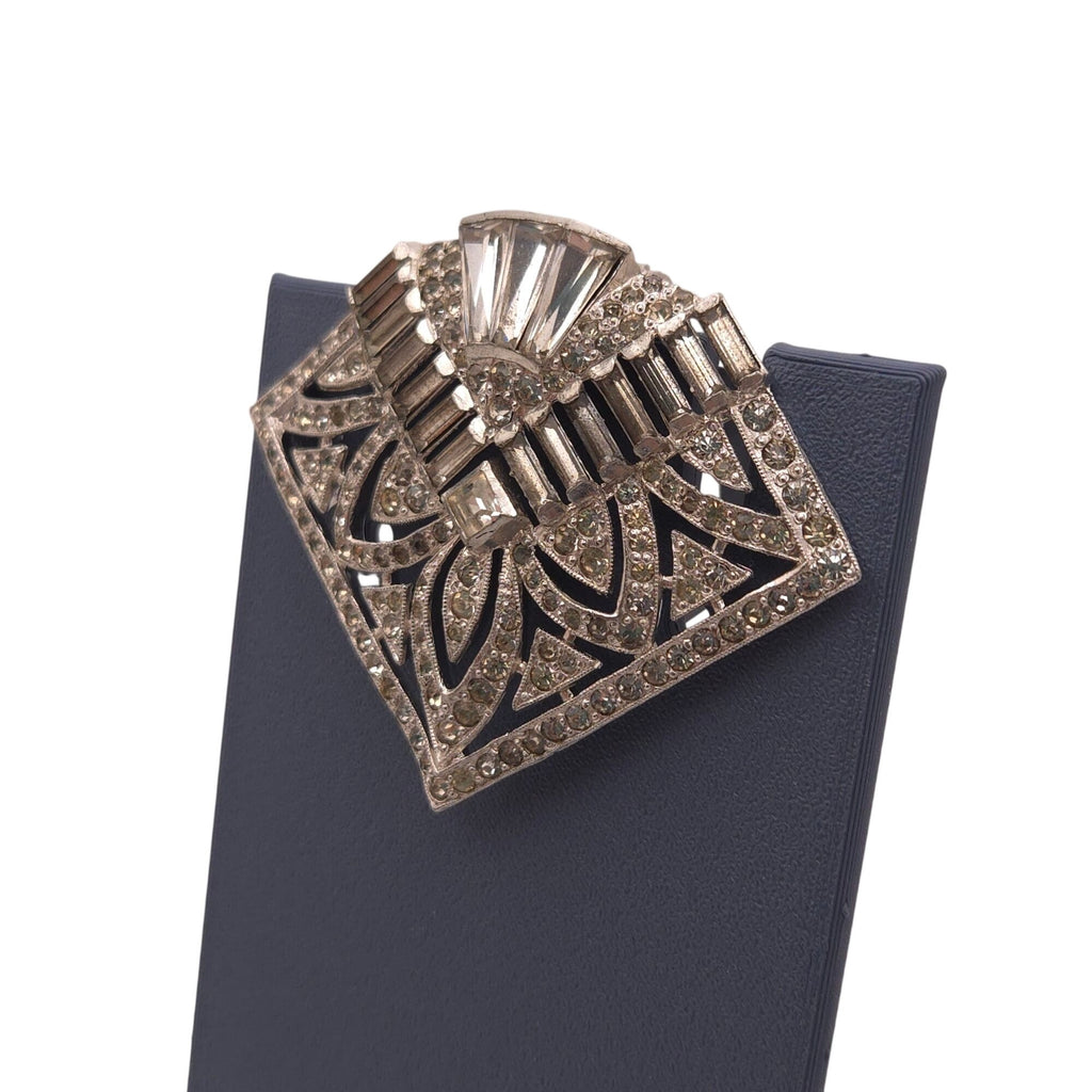 Art Deco Vtg Rhinestone Brooch Dress Clip Geometric Design Silver Tone Baguette