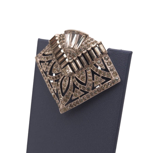 Art Deco Vtg Rhinestone Brooch Dress Clip Geometric Design Silver Tone Baguette