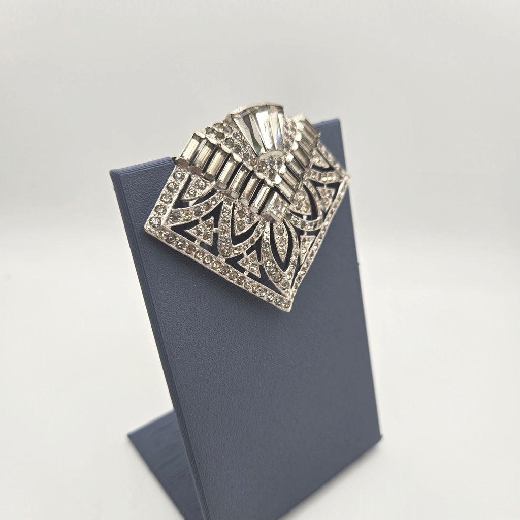 Art Deco Vtg Rhinestone Brooch Dress Clip Geometric Design Silver Tone Baguette