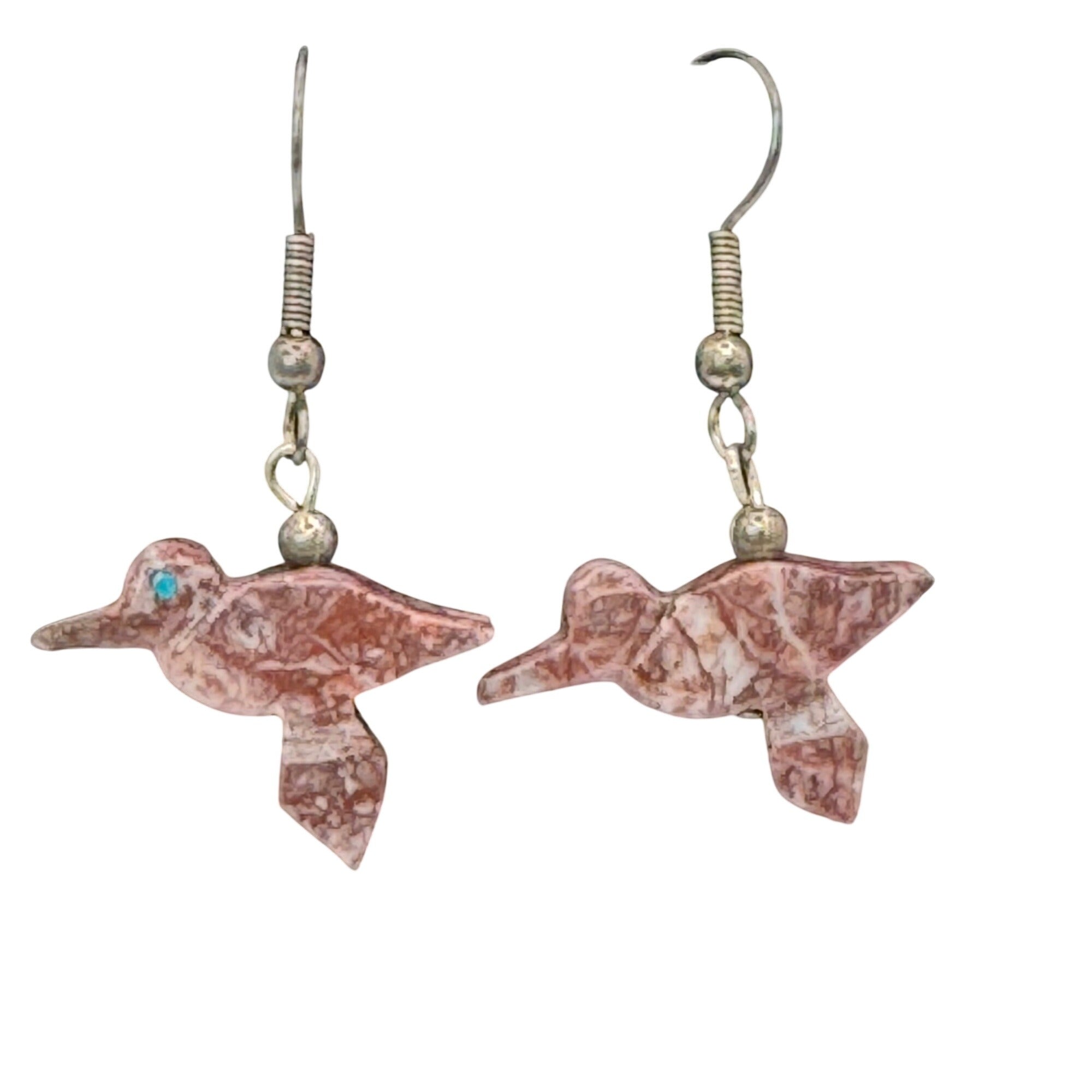 Vtg Fetish Hummingbird Carved Pink Agate Bird Dangle Earrings Sterling Silver