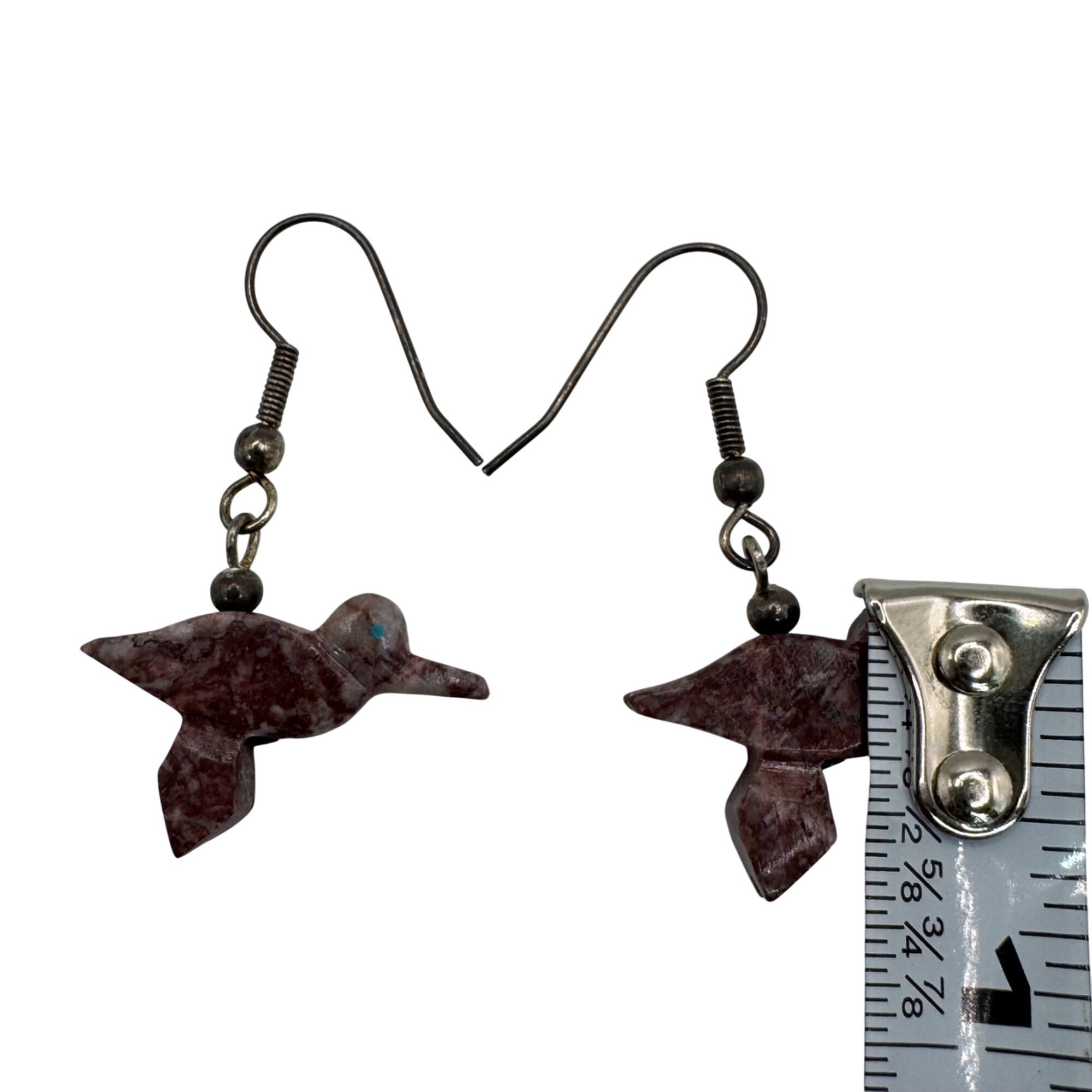 Vtg Fetish Hummingbird Carved Pink Agate Bird Dangle Earrings Sterling Silver