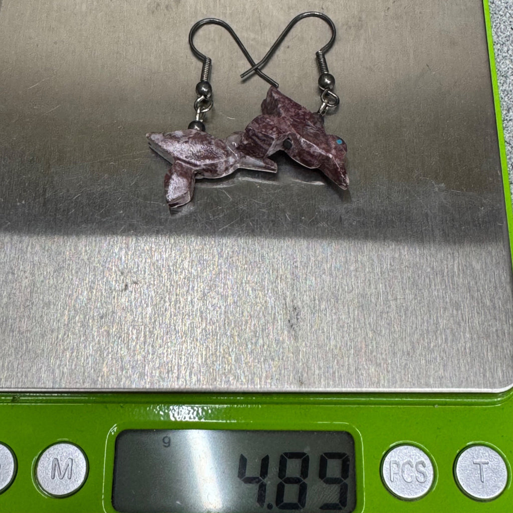 Vtg Fetish Hummingbird Carved Pink Agate Bird Dangle Earrings Sterling Silver