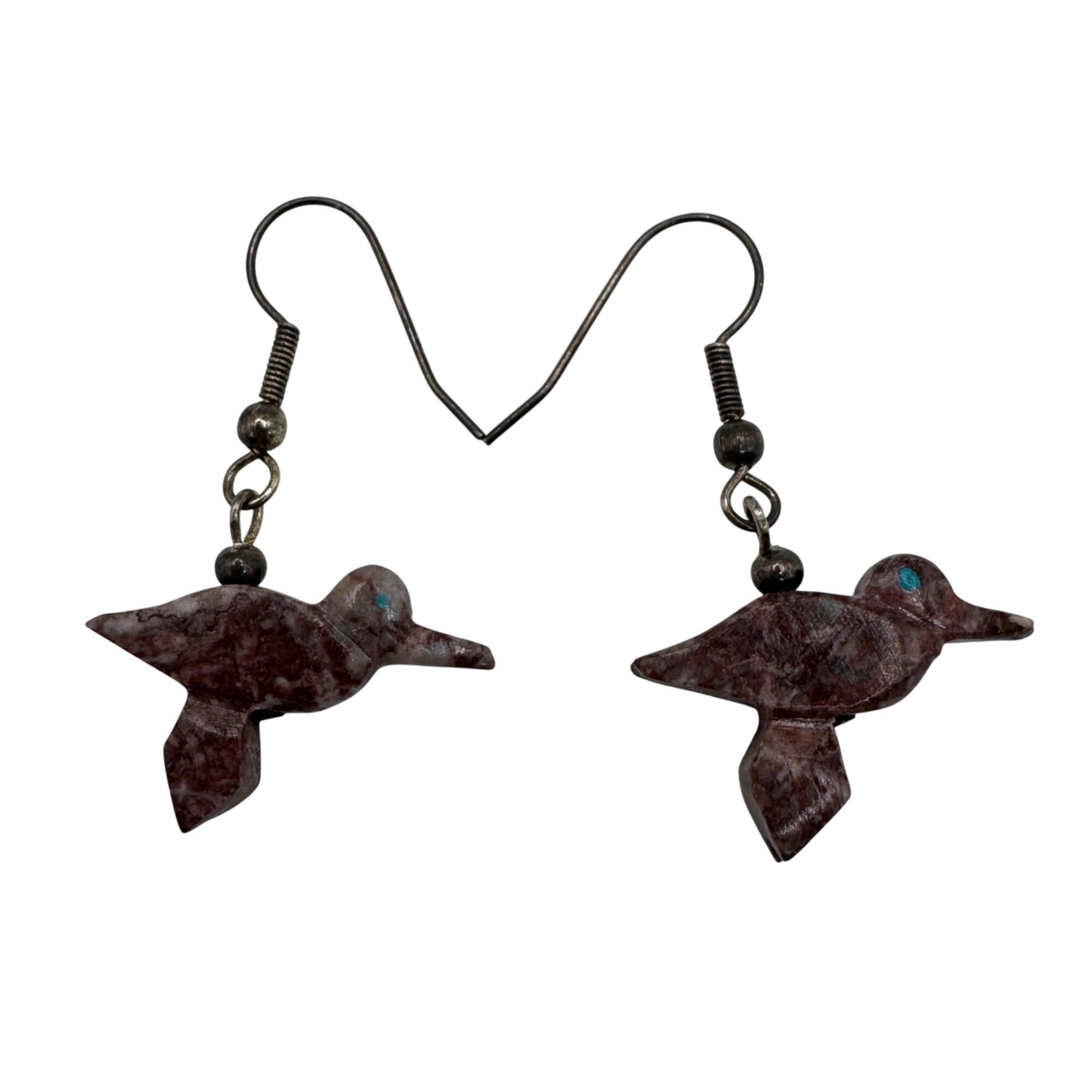 Vtg Fetish Hummingbird Carved Pink Agate Bird Dangle Earrings Sterling Silver