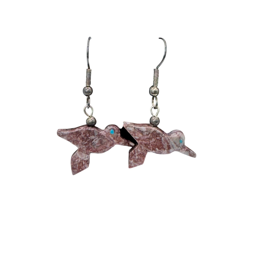 Vtg Fetish Hummingbird Carved Pink Agate Bird Dangle Earrings Sterling Silver