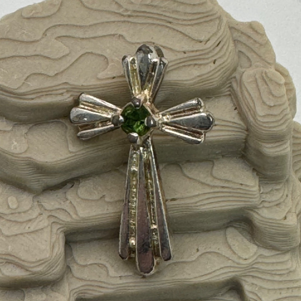 Sterling Silver Cross Pendant Emerald Green Gemstone Religious Charm 1" Vintage