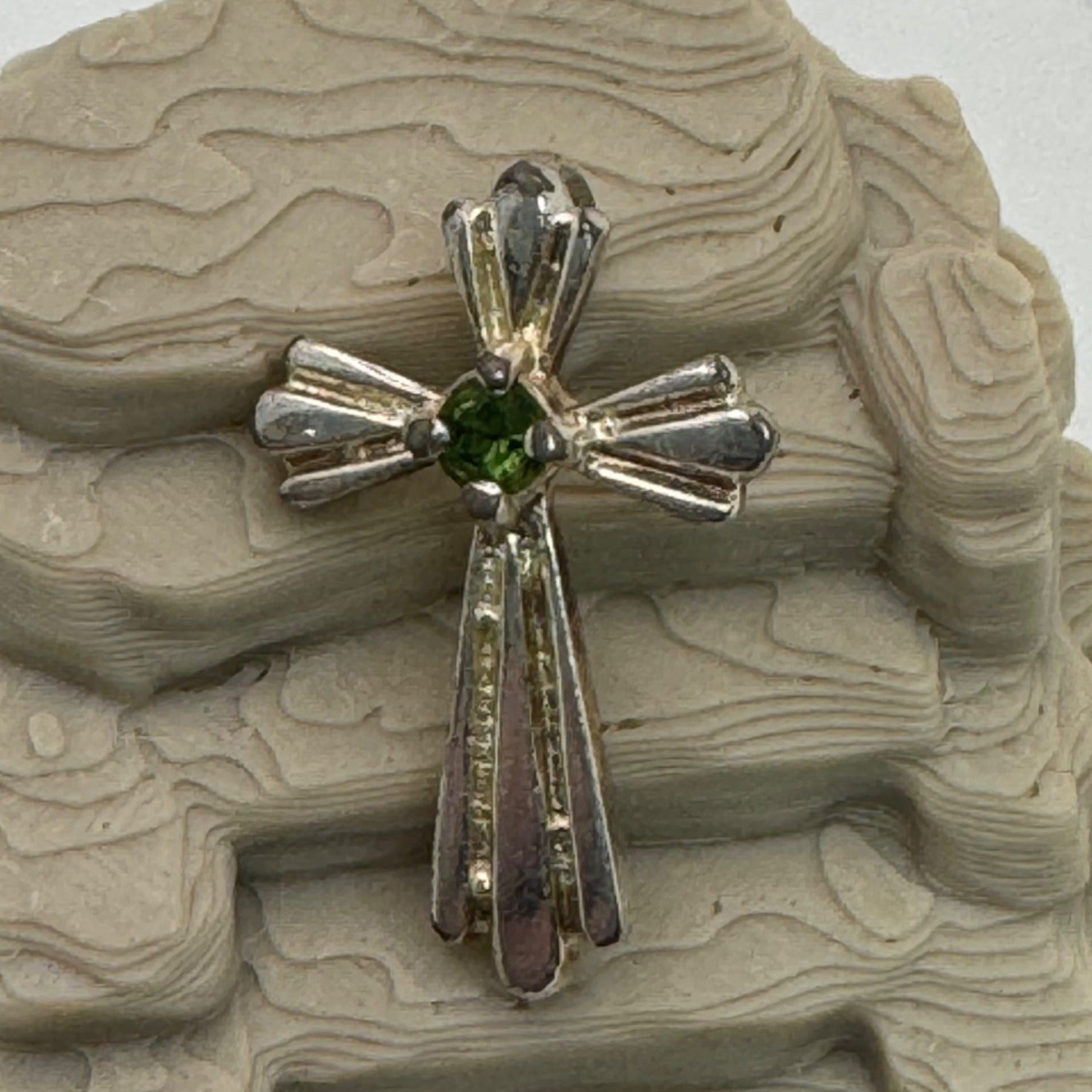 Sterling Silver Cross Pendant Emerald Green Gemstone Religious Charm 1" Vintage