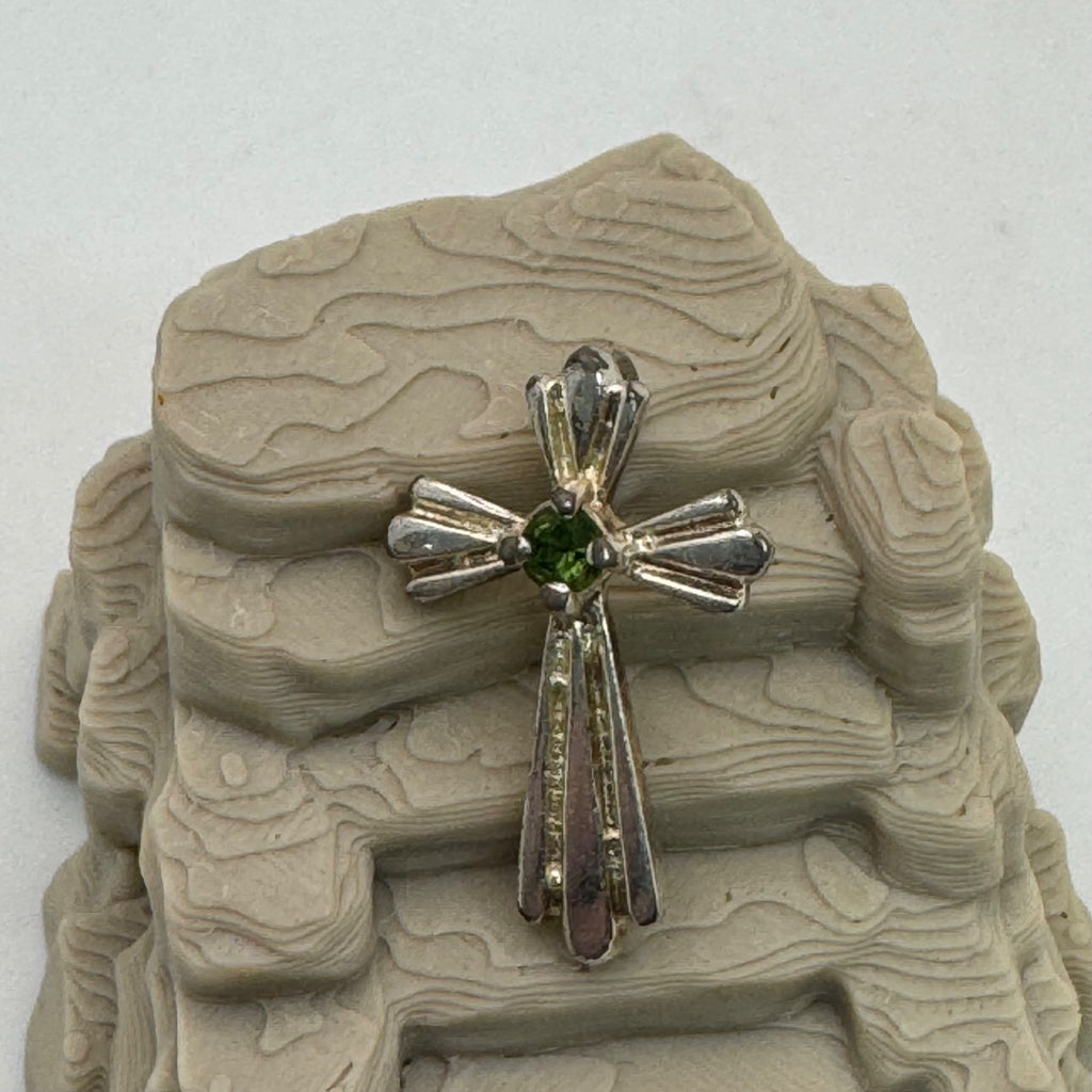Sterling Silver Cross Pendant Emerald Green Gemstone Religious Charm 1" Vintage