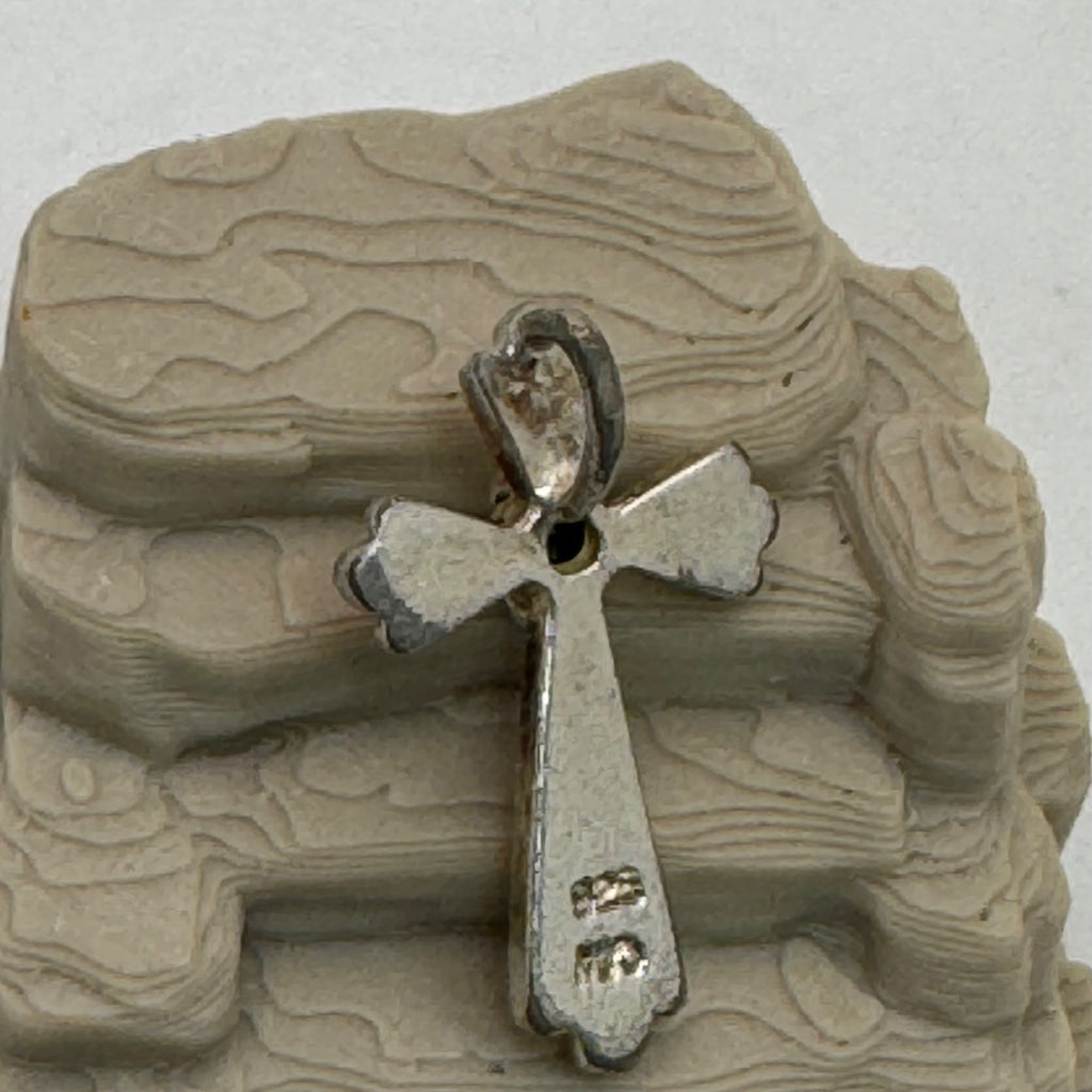 Sterling Silver Cross Pendant Emerald Green Gemstone Religious Charm 1" Vintage