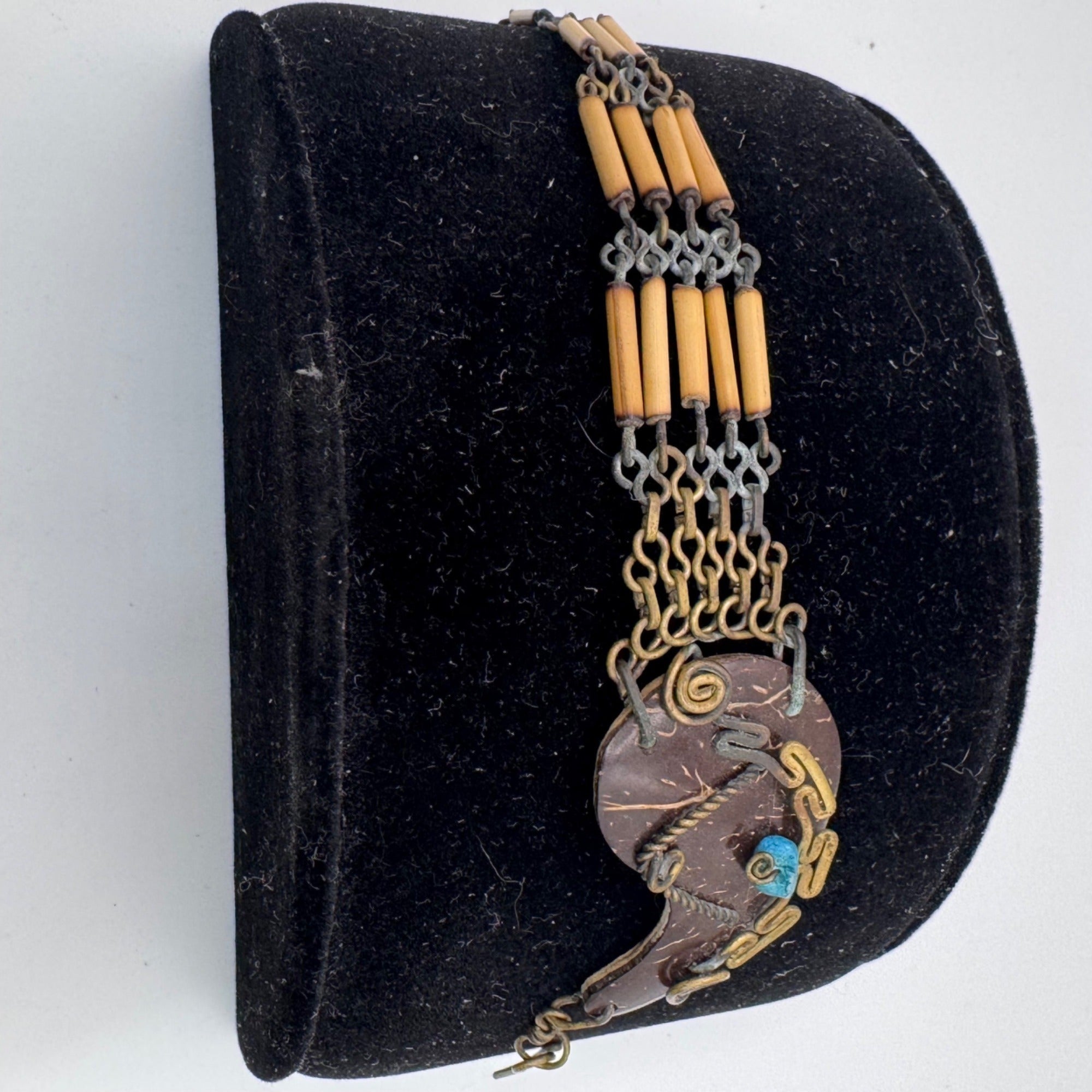 Vintage Artisan Bamboo Bracelet Carved Coconut Shell Brass Accents 6.5" Boho MCM