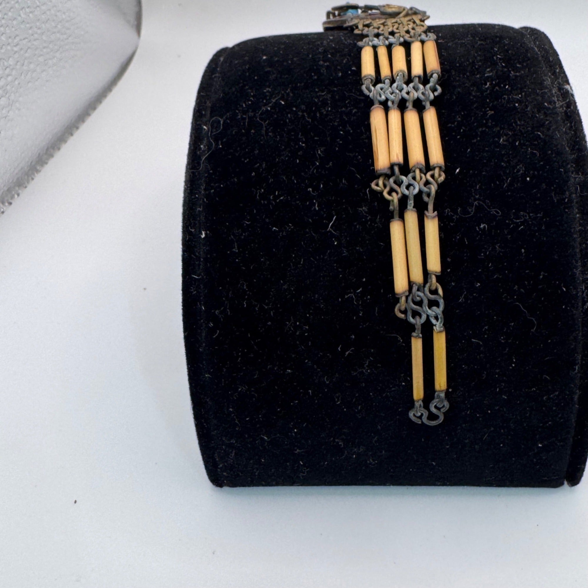 Vintage Artisan Bamboo Bracelet Carved Coconut Shell Brass Accents 6.5" Boho MCM
