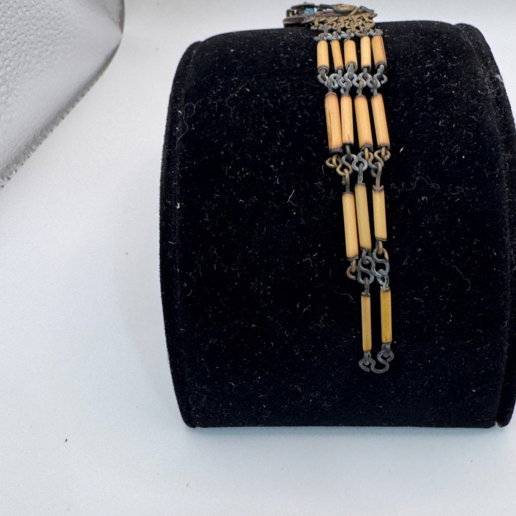 Vintage Artisan Bamboo Bracelet Carved Coconut Shell Brass Accents 6.5" Boho MCM