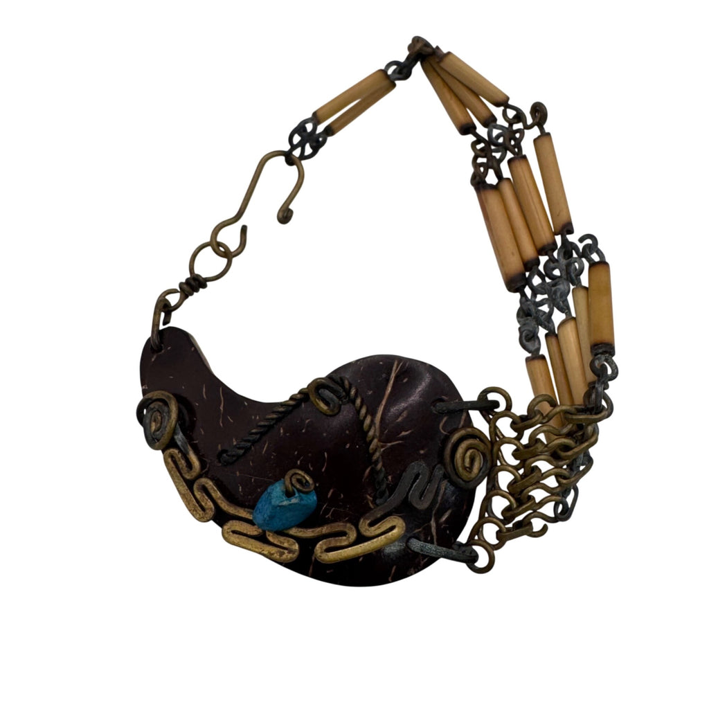 Vintage Artisan Bamboo Bracelet Carved Coconut Shell Brass Accents 6.5" Boho MCM