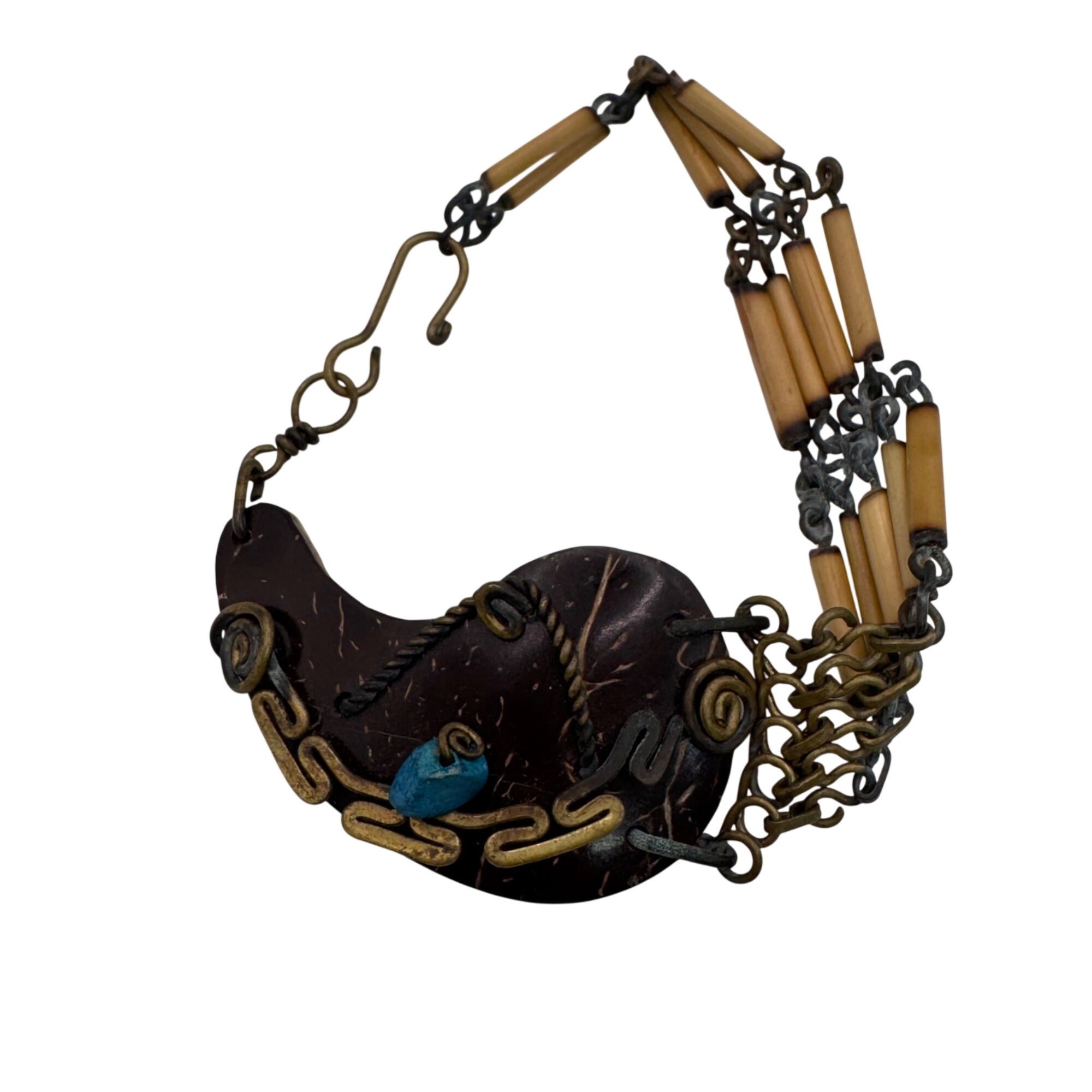 Vintage Artisan Bamboo Bracelet Carved Coconut Shell Brass Accents 6.5" Boho MCM