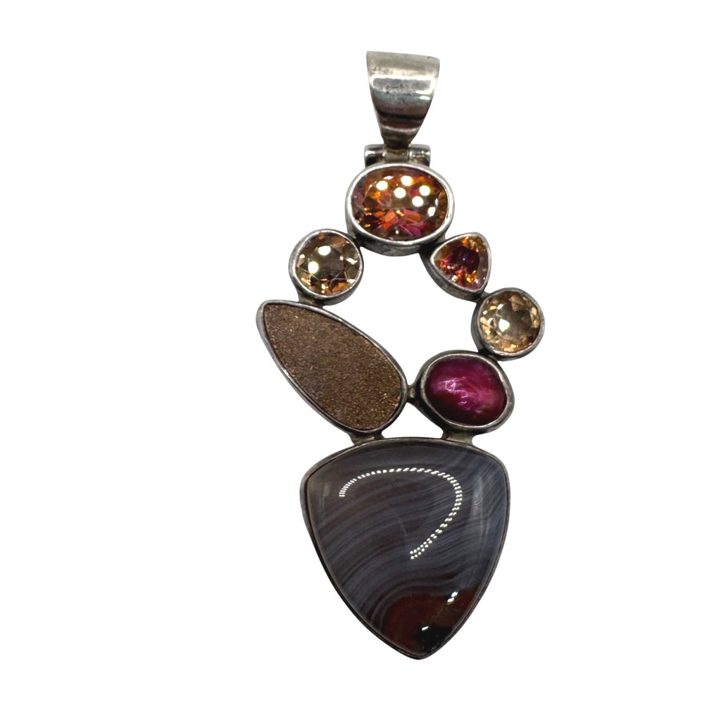 Starborn Signed Banded Agate Sterling Silver Pendant Multi-Stone Garnet & Druzy