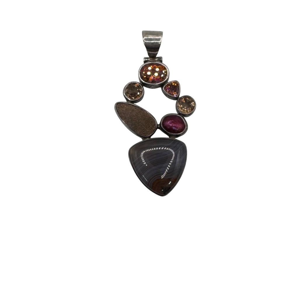 Starborn Signed Banded Agate Sterling Silver Pendant Multi-Stone Garnet & Druzy