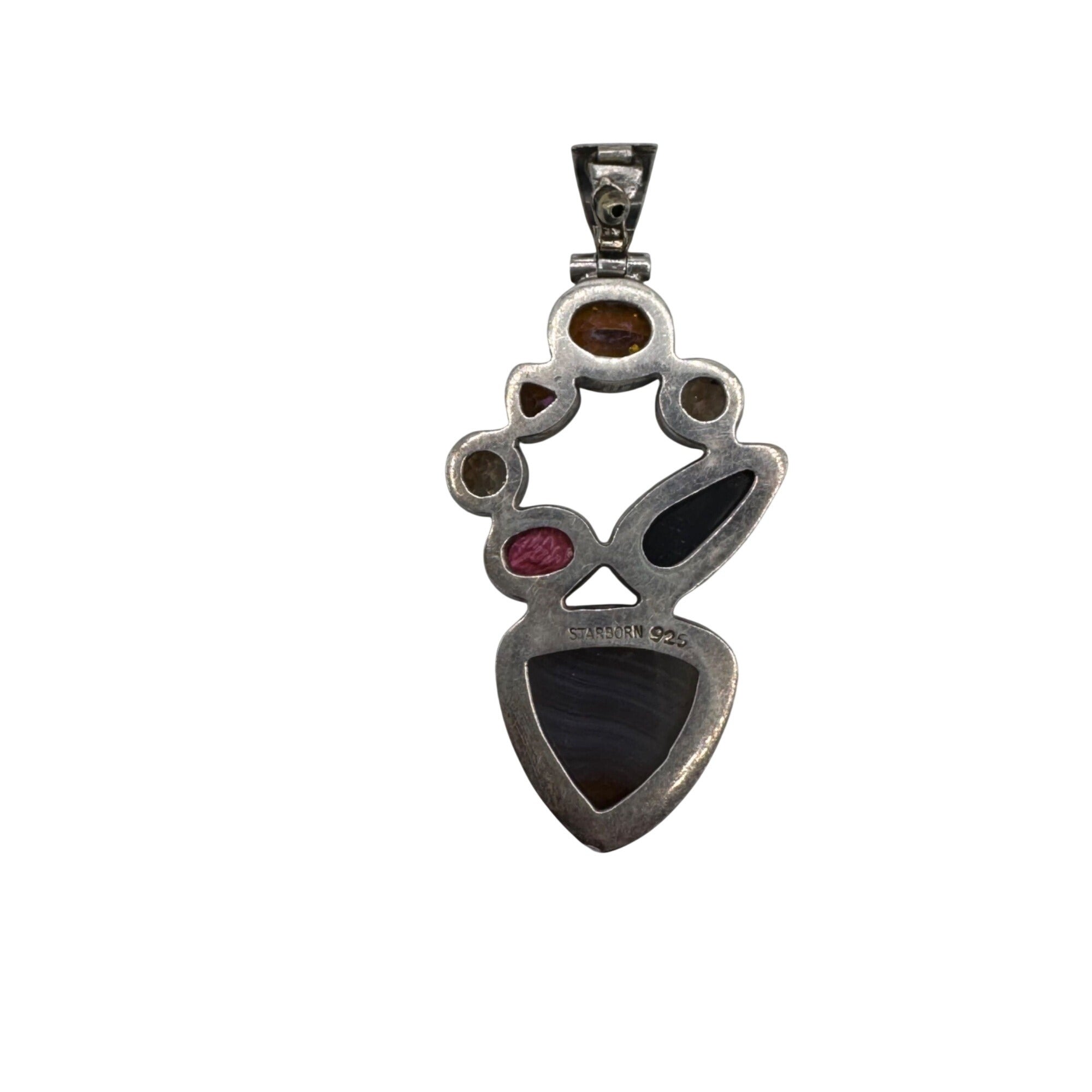 Starborn Signed Banded Agate Sterling Silver Pendant Multi-Stone Garnet & Druzy