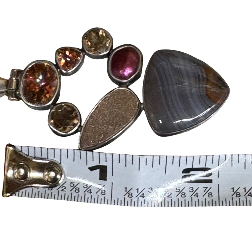 Starborn Signed Banded Agate Sterling Silver Pendant Multi-Stone Garnet & Druzy