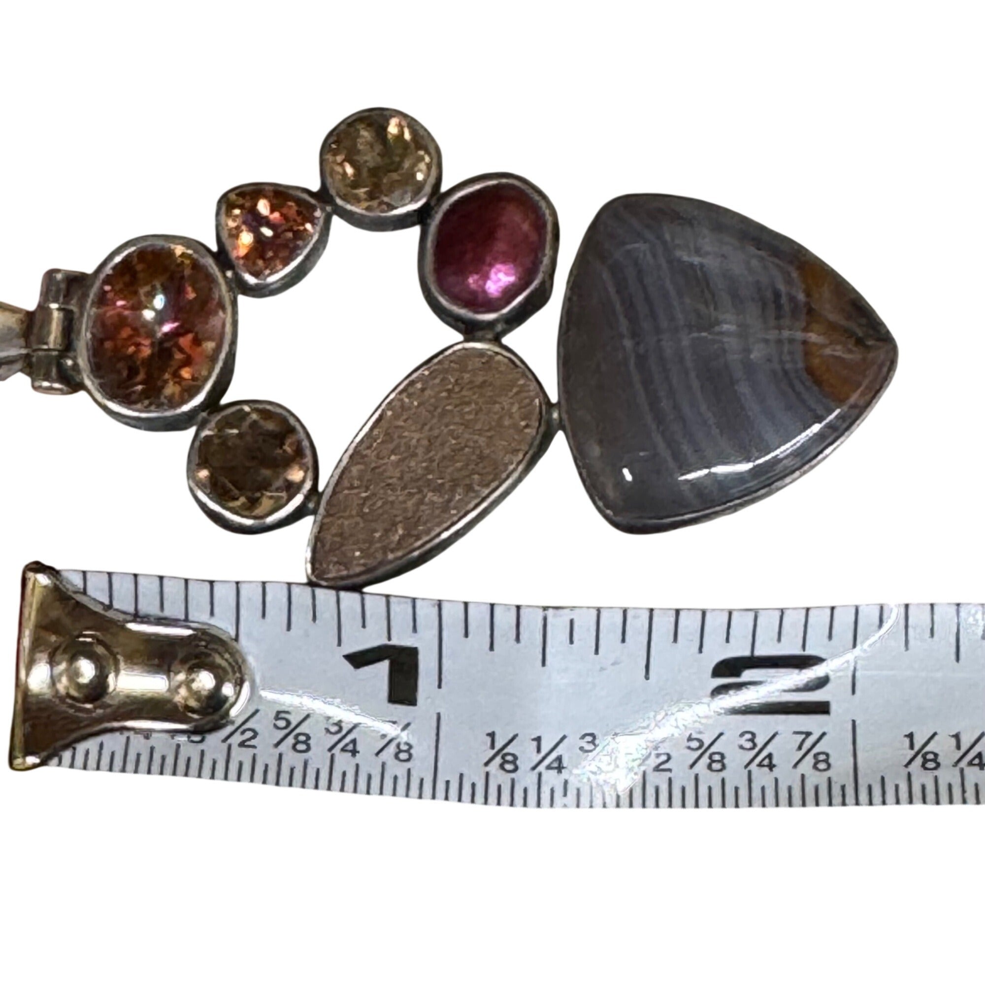Starborn Signed Banded Agate Sterling Silver Pendant Multi-Stone Garnet & Druzy