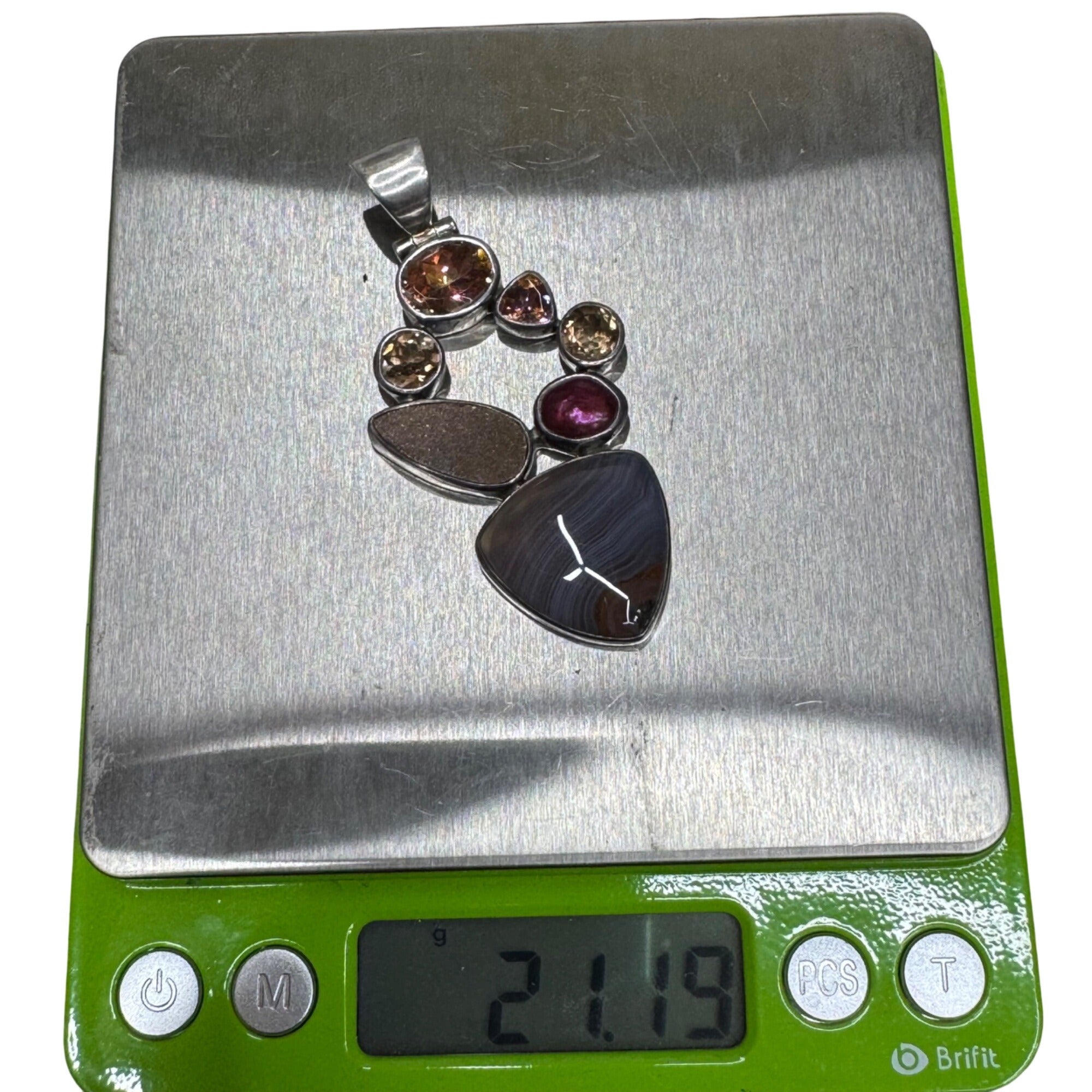 Starborn Signed Banded Agate Sterling Silver Pendant Multi-Stone Garnet & Druzy