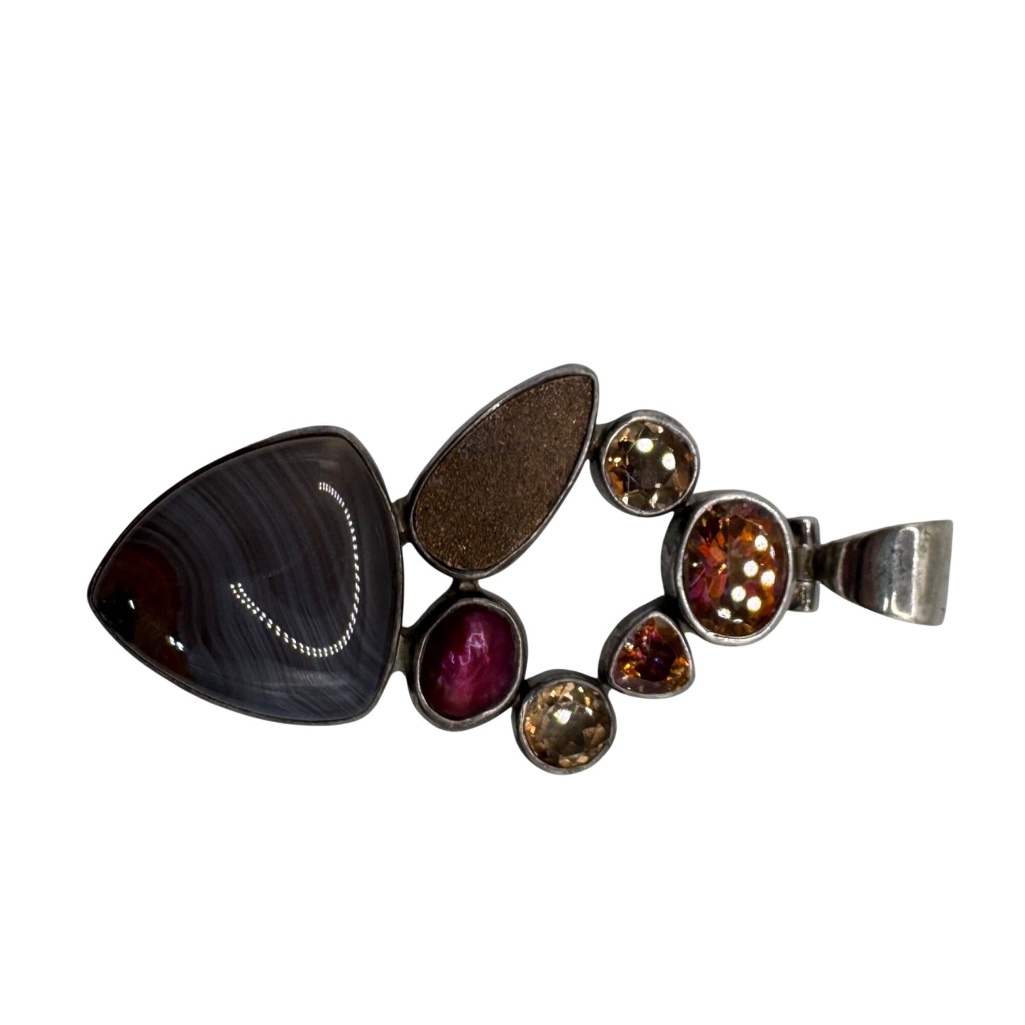 Starborn Signed Banded Agate Sterling Silver Pendant Multi-Stone Garnet & Druzy