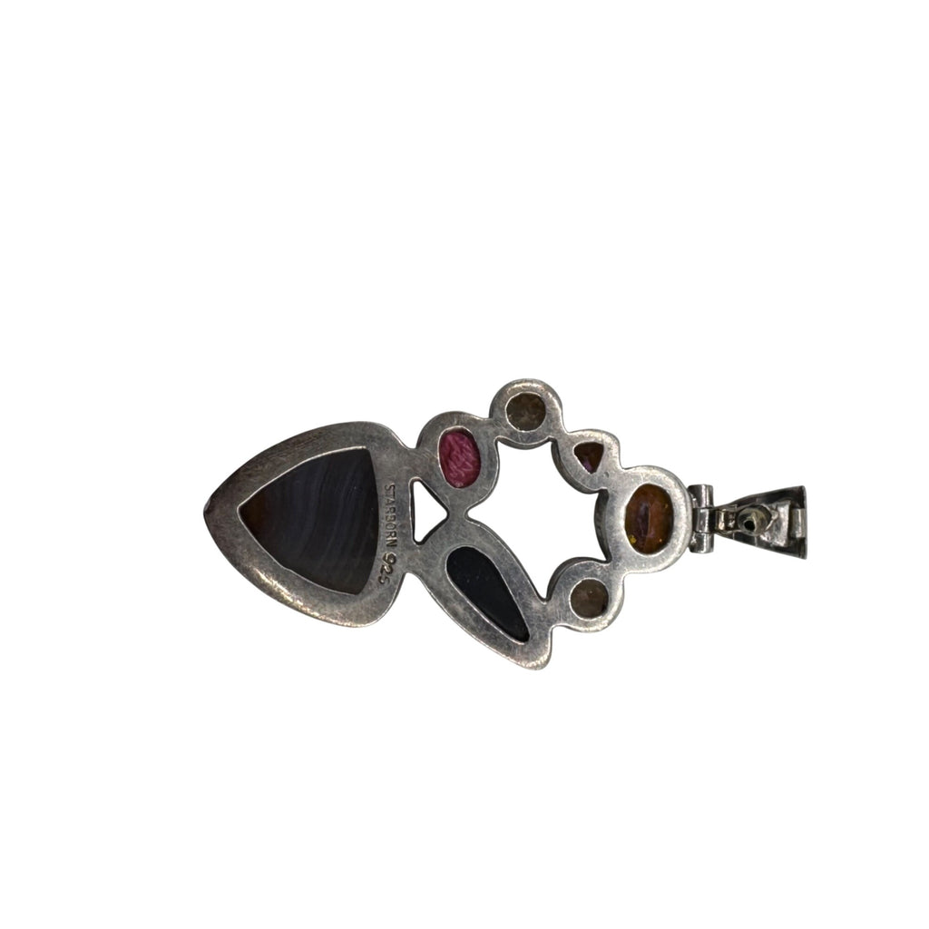 Starborn Signed Banded Agate Sterling Silver Pendant Multi-Stone Garnet & Druzy