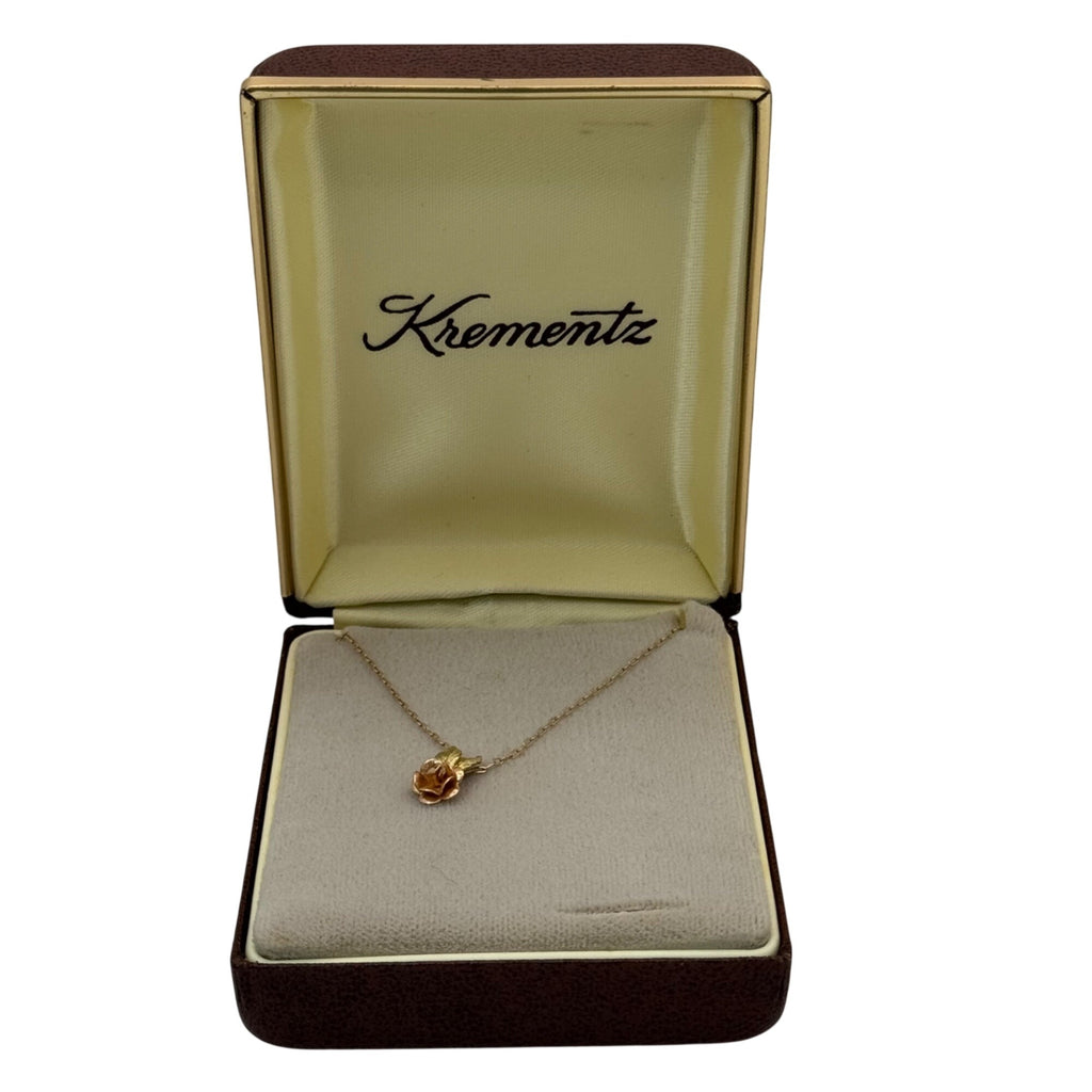 Krementz 12K Gold Filled Rose & Leaf Pendant Necklace 18" Original Box Vintage