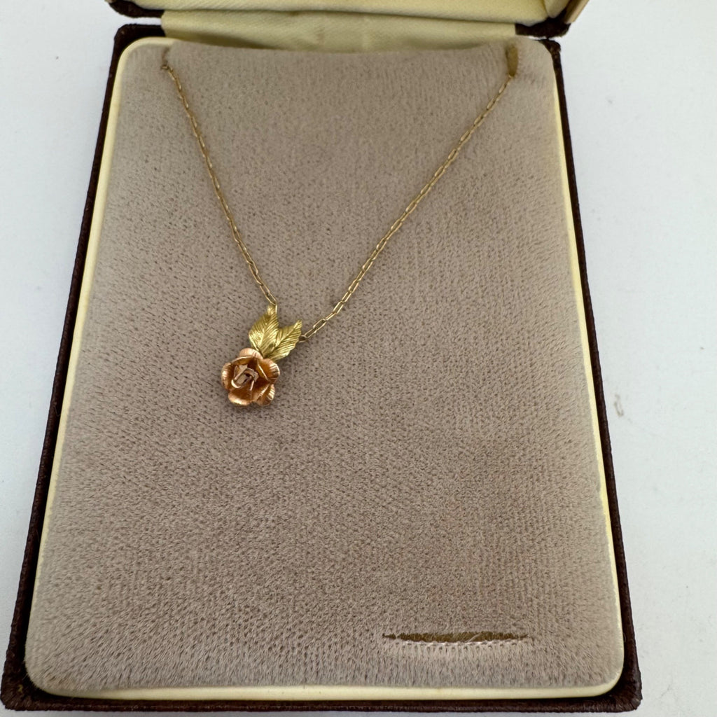 Krementz 12K Gold Filled Rose & Leaf Pendant Necklace 18" Original Box Vintage