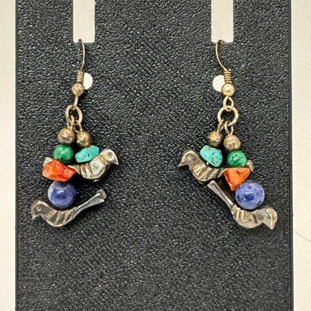 Fetish Sterling Silver Bird Earrings Turquoise Coral & Lapis Lazuli Beads Dangle