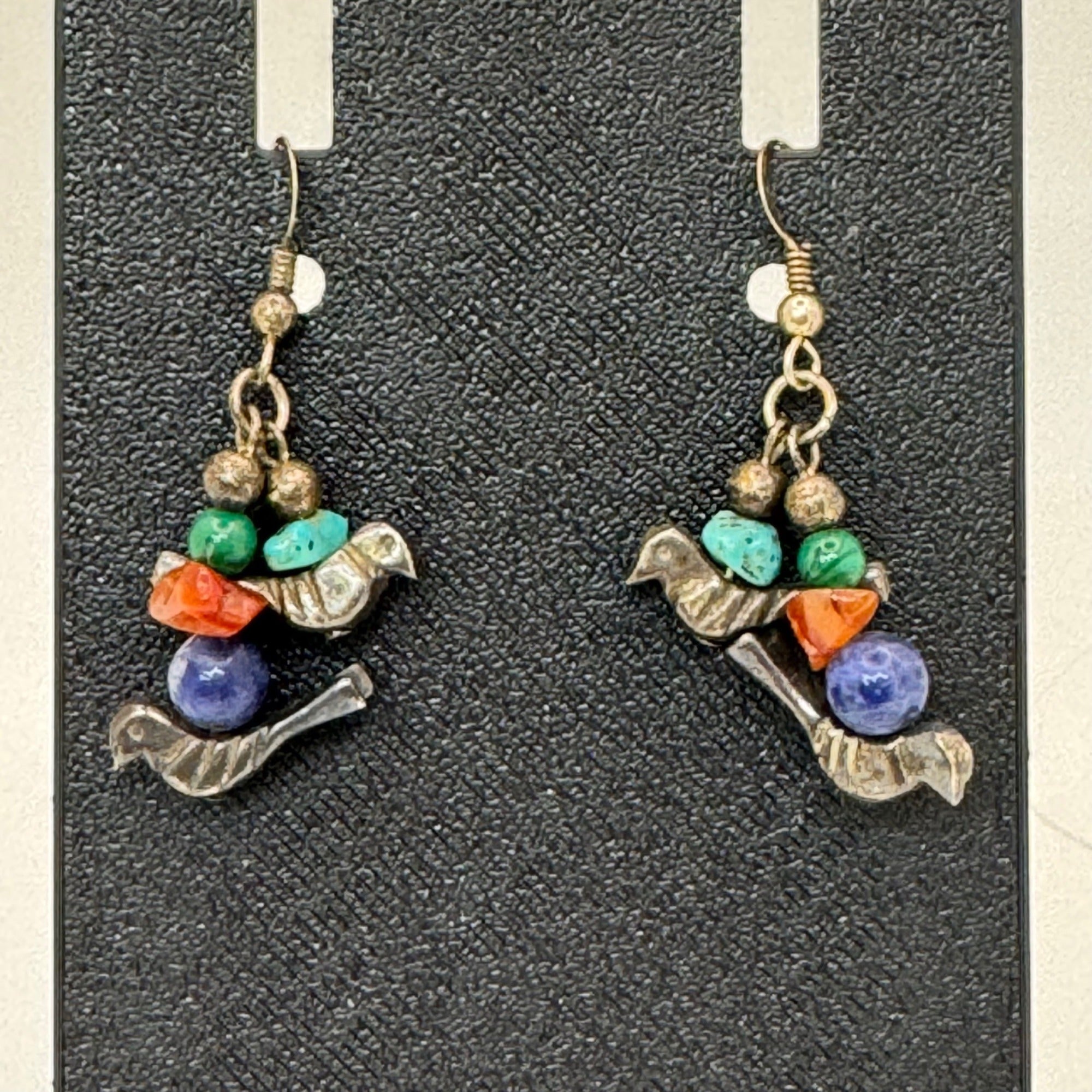 Fetish Sterling Silver Bird Earrings Turquoise Coral & Lapis Lazuli Beads Dangle