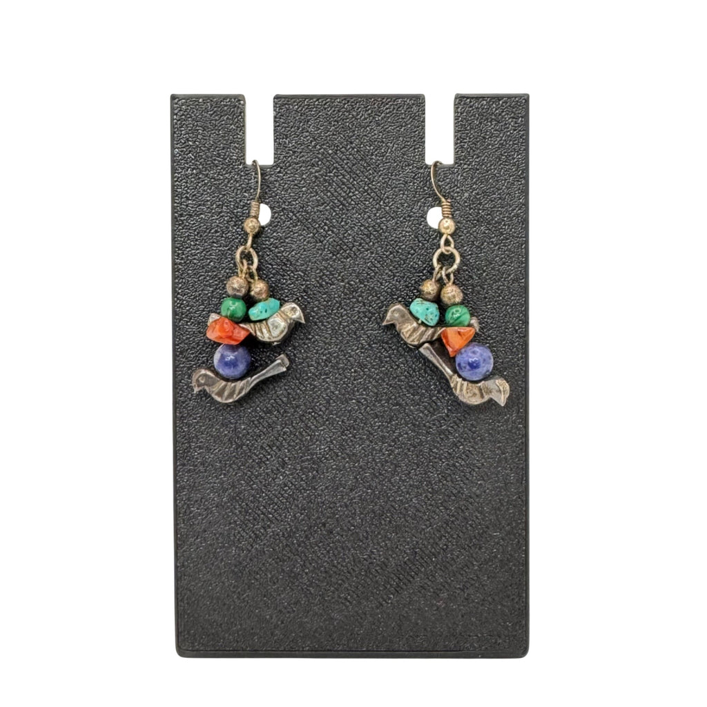 Fetish Sterling Silver Bird Earrings Turquoise Coral & Lapis Lazuli Beads Dangle