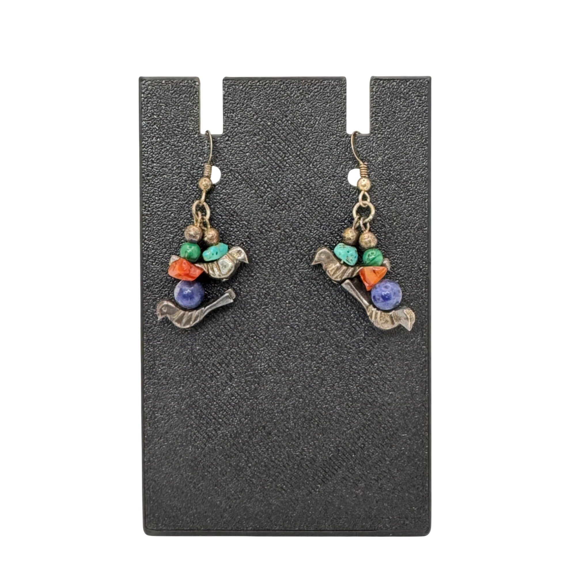 Fetish Sterling Silver Bird Earrings Turquoise Coral & Lapis Lazuli Beads Dangle