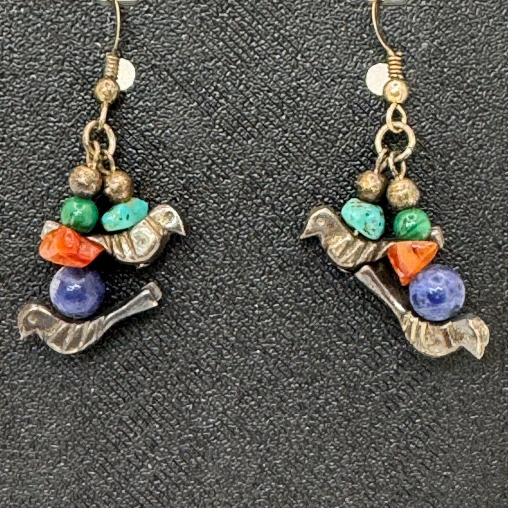 Fetish Sterling Silver Bird Earrings Turquoise Coral & Lapis Lazuli Beads Dangle