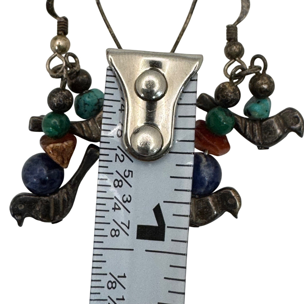 Fetish Sterling Silver Bird Earrings Turquoise Coral & Lapis Lazuli Beads Dangle