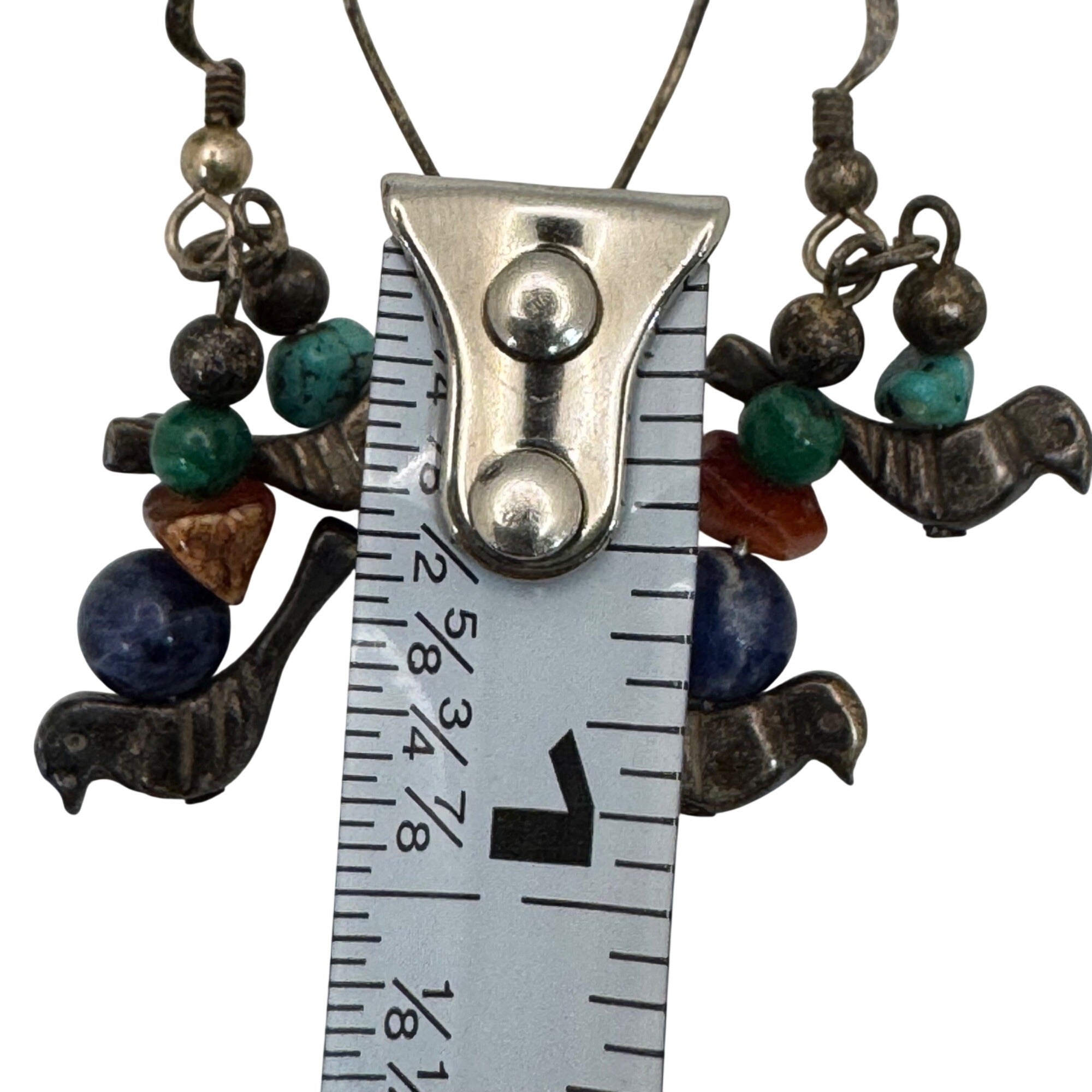 Fetish Sterling Silver Bird Earrings Turquoise Coral & Lapis Lazuli Beads Dangle