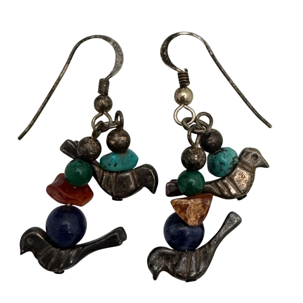 Fetish Sterling Silver Bird Earrings Turquoise Coral & Lapis Lazuli Beads Dangle
