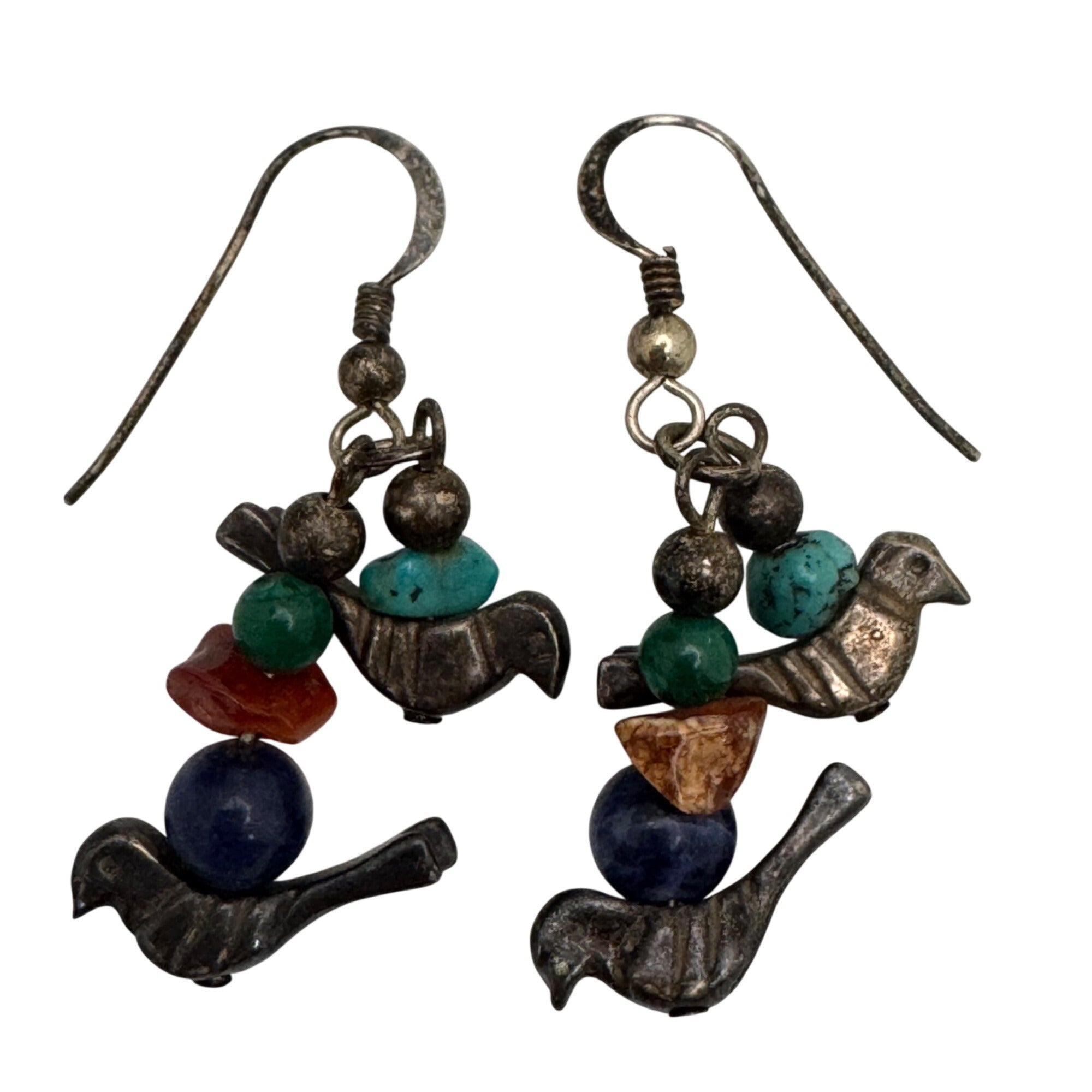 Fetish Sterling Silver Bird Earrings Turquoise Coral & Lapis Lazuli Beads Dangle