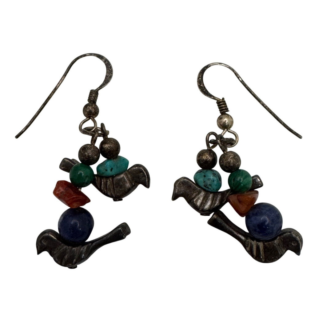 Fetish Sterling Silver Bird Earrings Turquoise Coral & Lapis Lazuli Beads Dangle