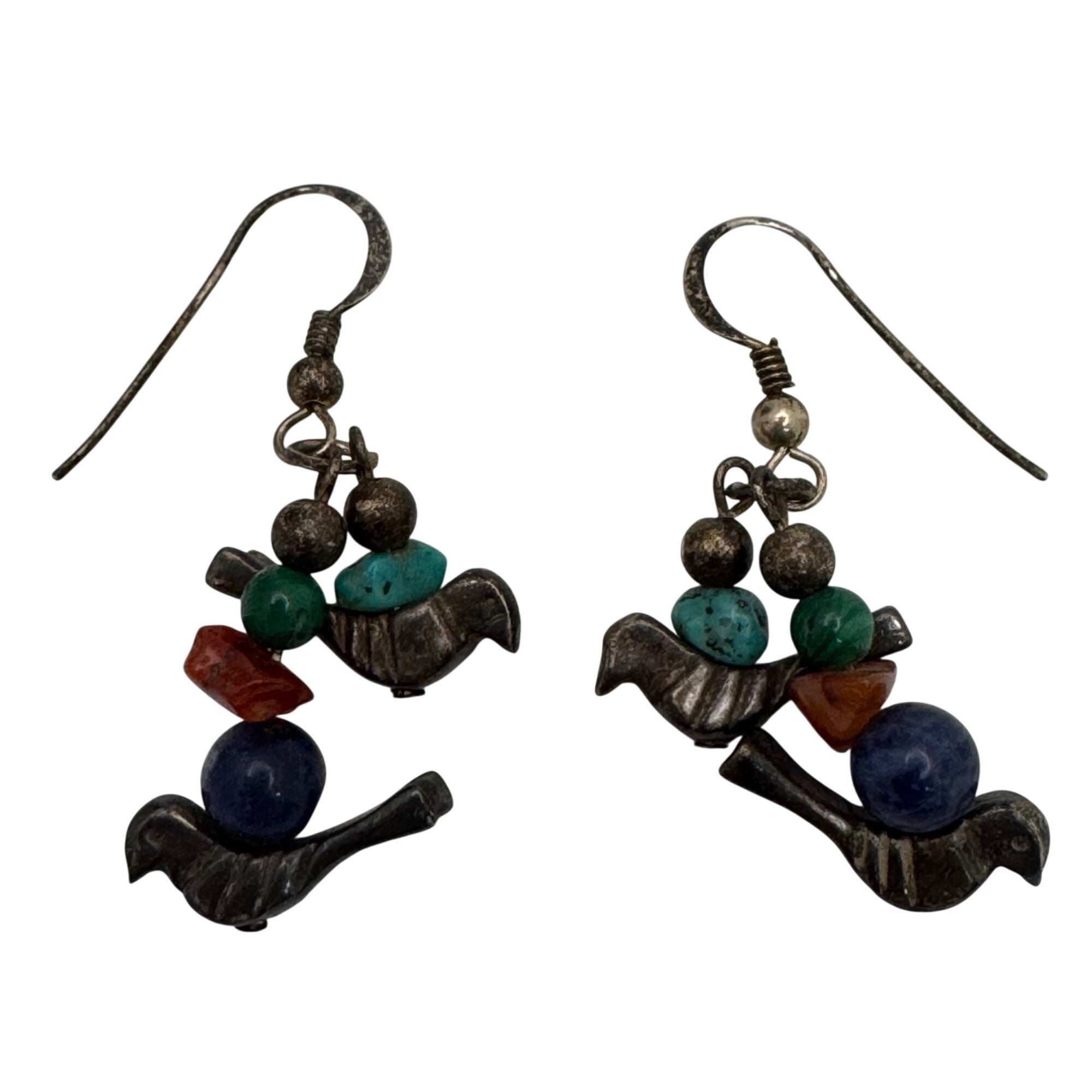 Fetish Sterling Silver Bird Earrings Turquoise Coral & Lapis Lazuli Beads Dangle